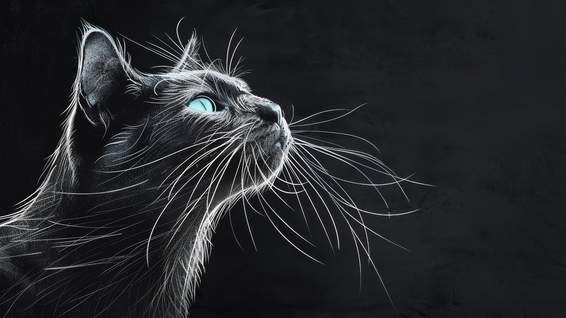 Elegant white-lined cat profile with sapphire blue eyes on black