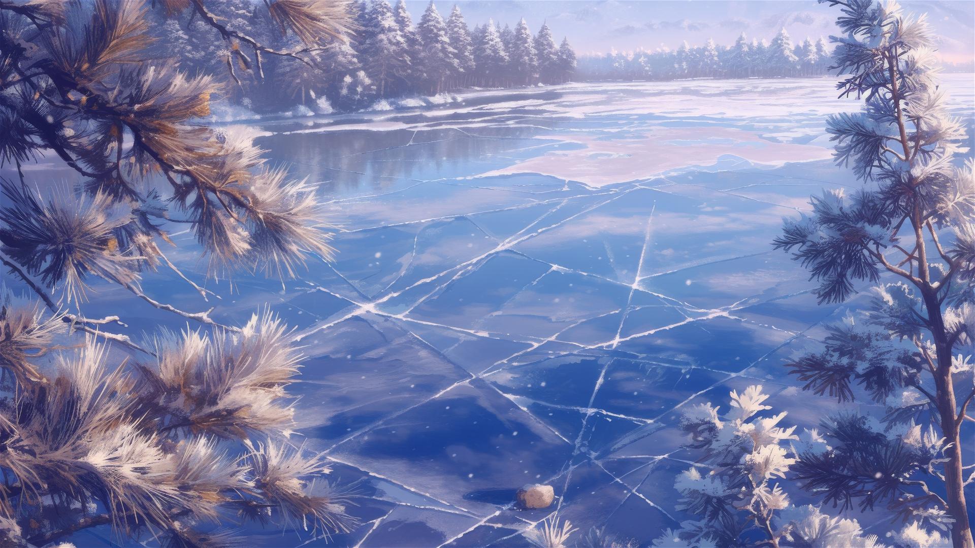 Frozen lake with detailed ice patterns among snow-kissed pines