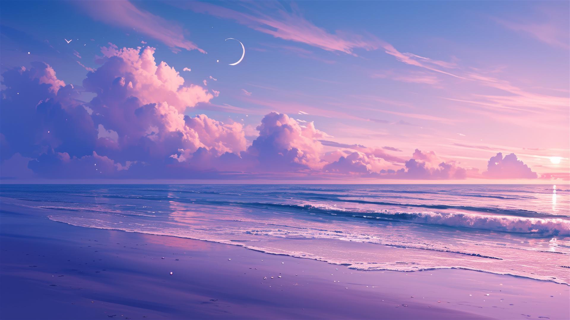Dreamy beach with pink and purple twilight sky reflecting on a calm sea