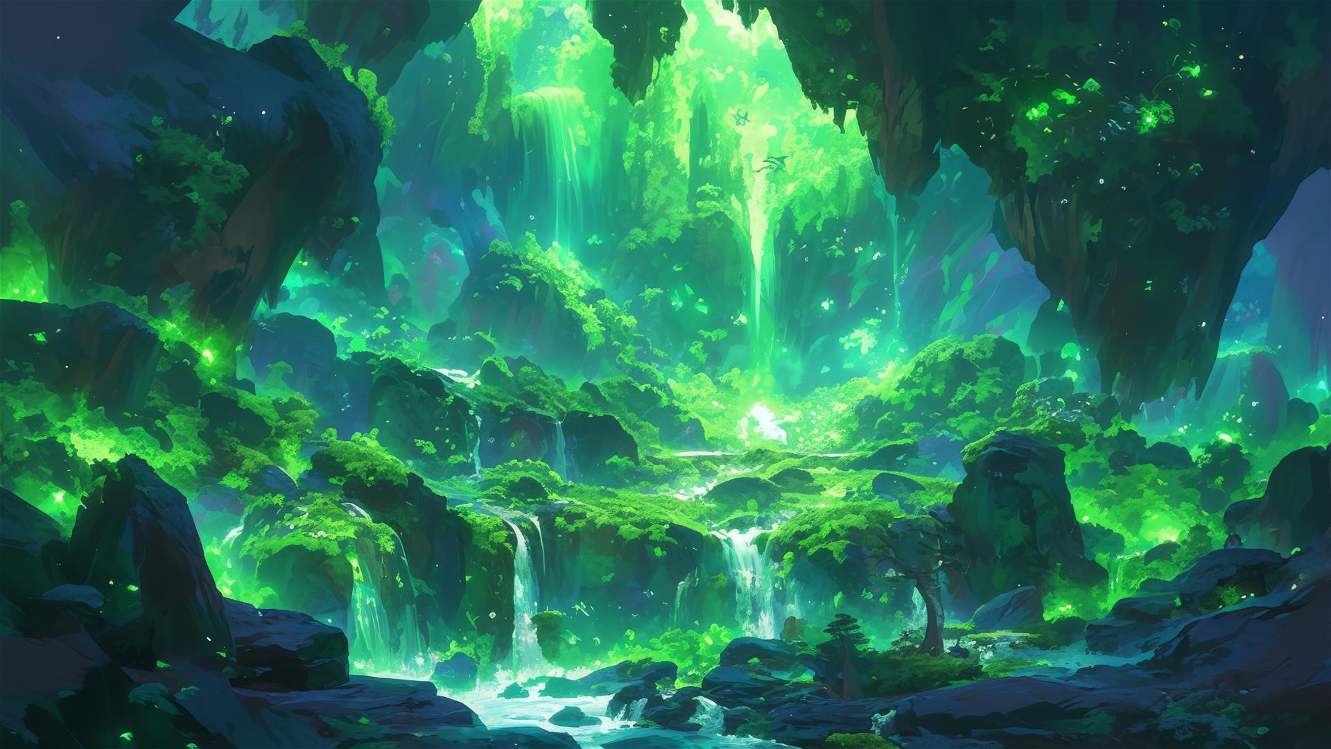 Glowing moss illuminates a canyon under moonlight