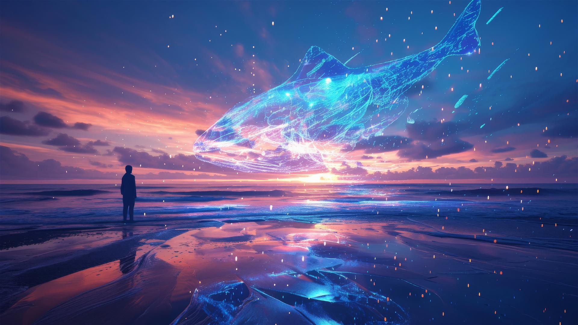Holographic rain crafting 3D ocean creatures on a deserted beach at dusk