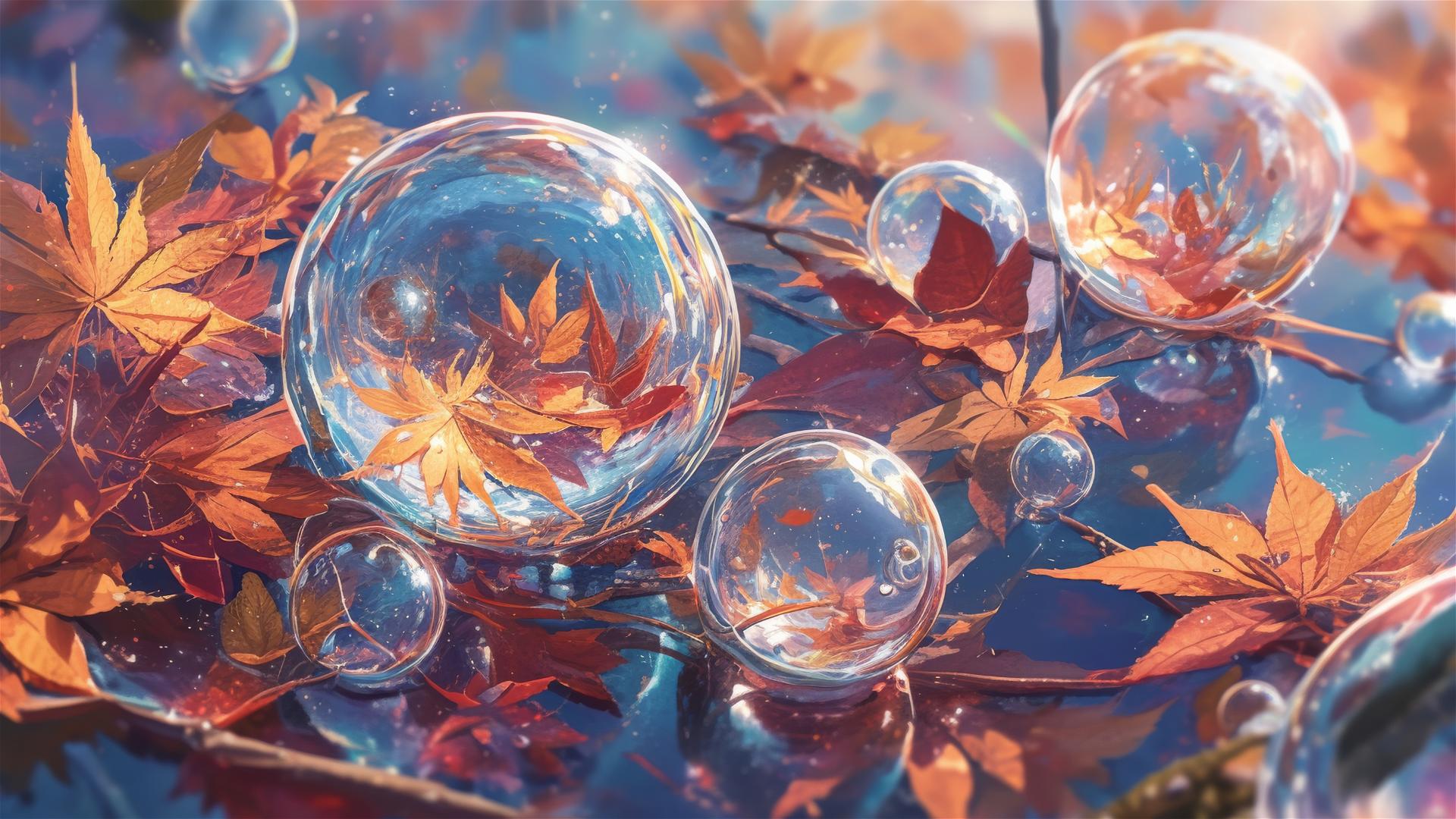 Colorful autumn leaves in frozen bubbles in an icy pond