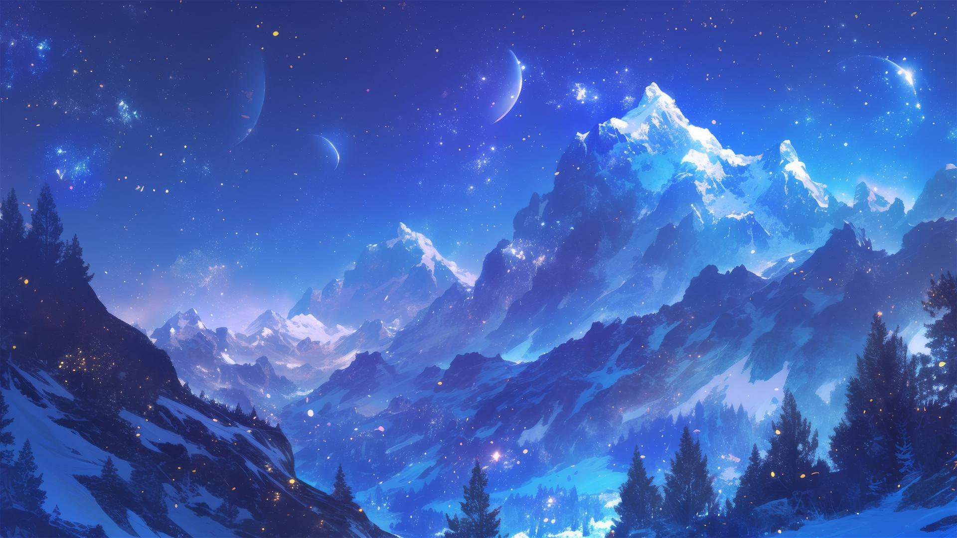 Evergreen summit with eternal snowflakes under starlight