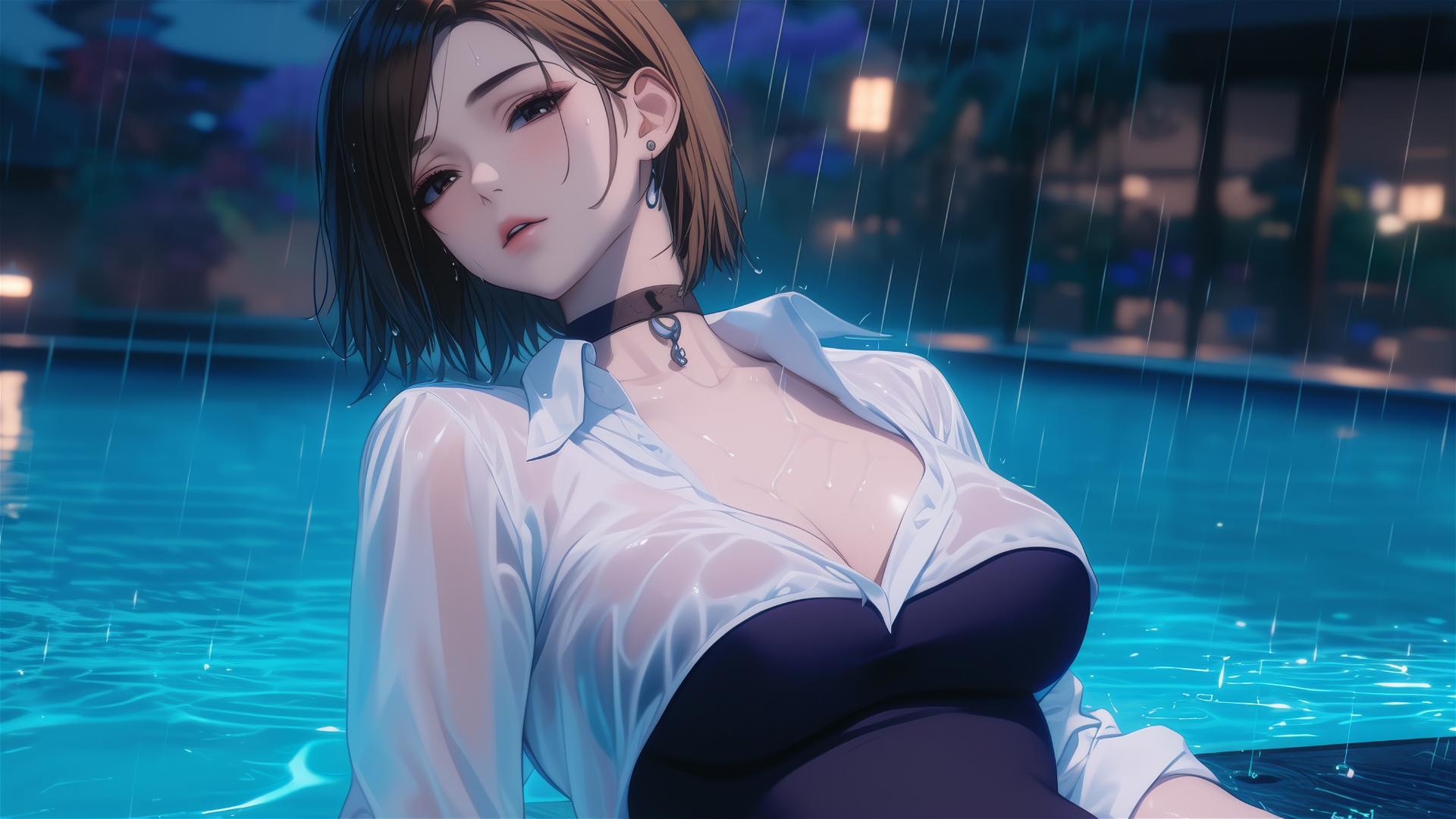 Nobara Kugisaki from Jujutsu Kaisen resting by pool in moonlight