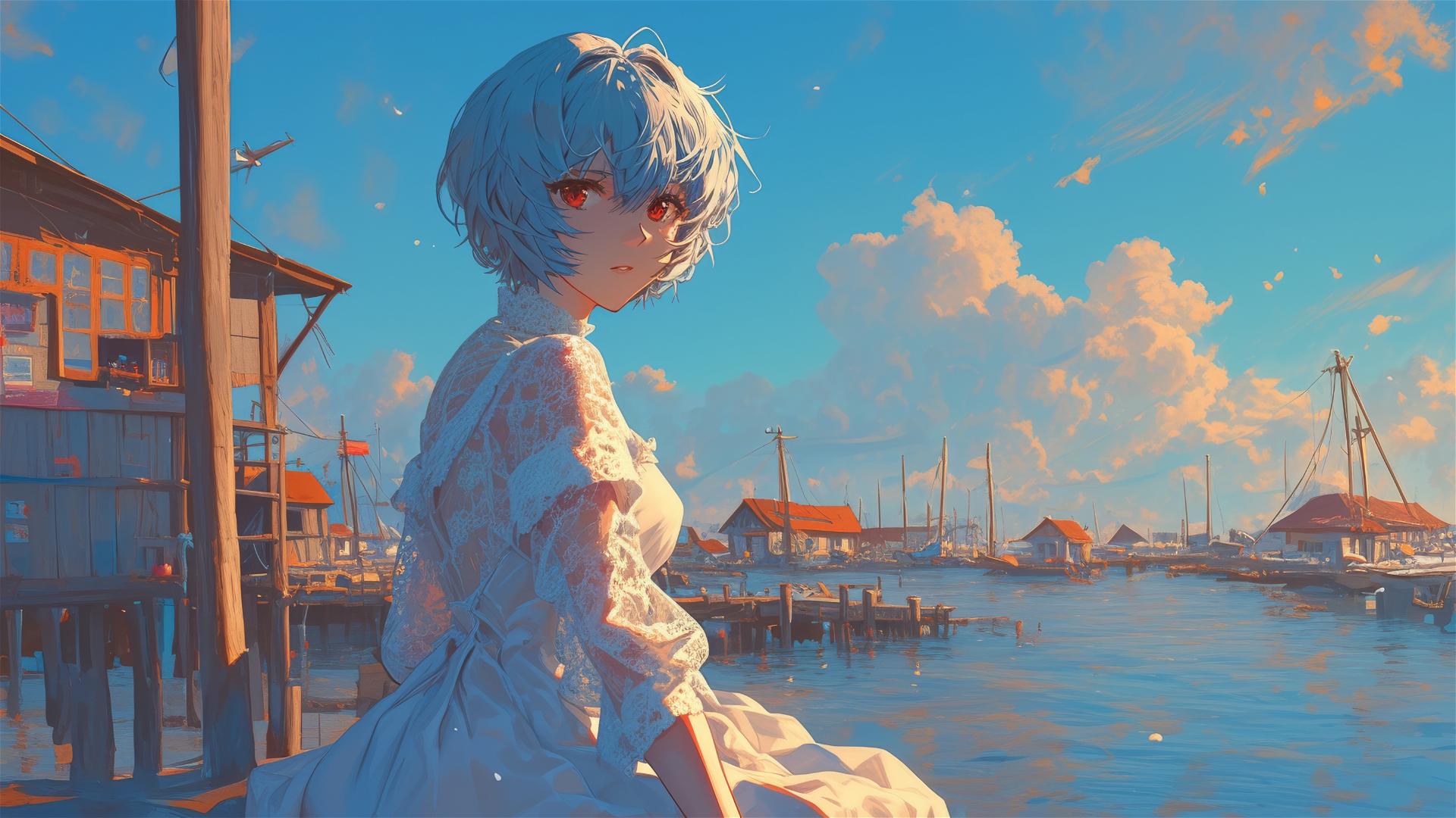 Rei Ayanami in lace dress at seaside village sunset