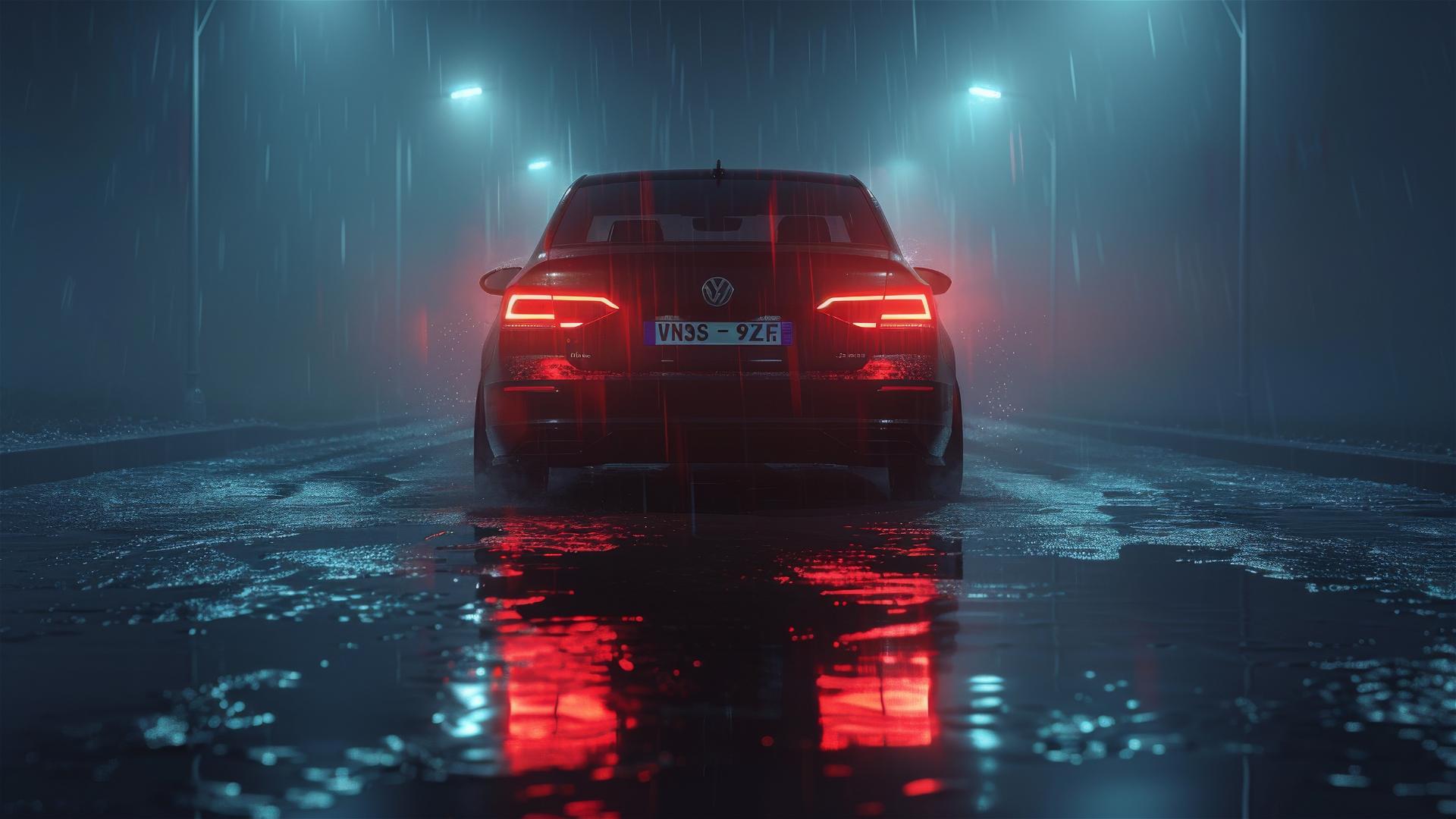 Gloomy photo-realistic closeup of a Volkswagen Jetta in dim lighting surrounded by fog