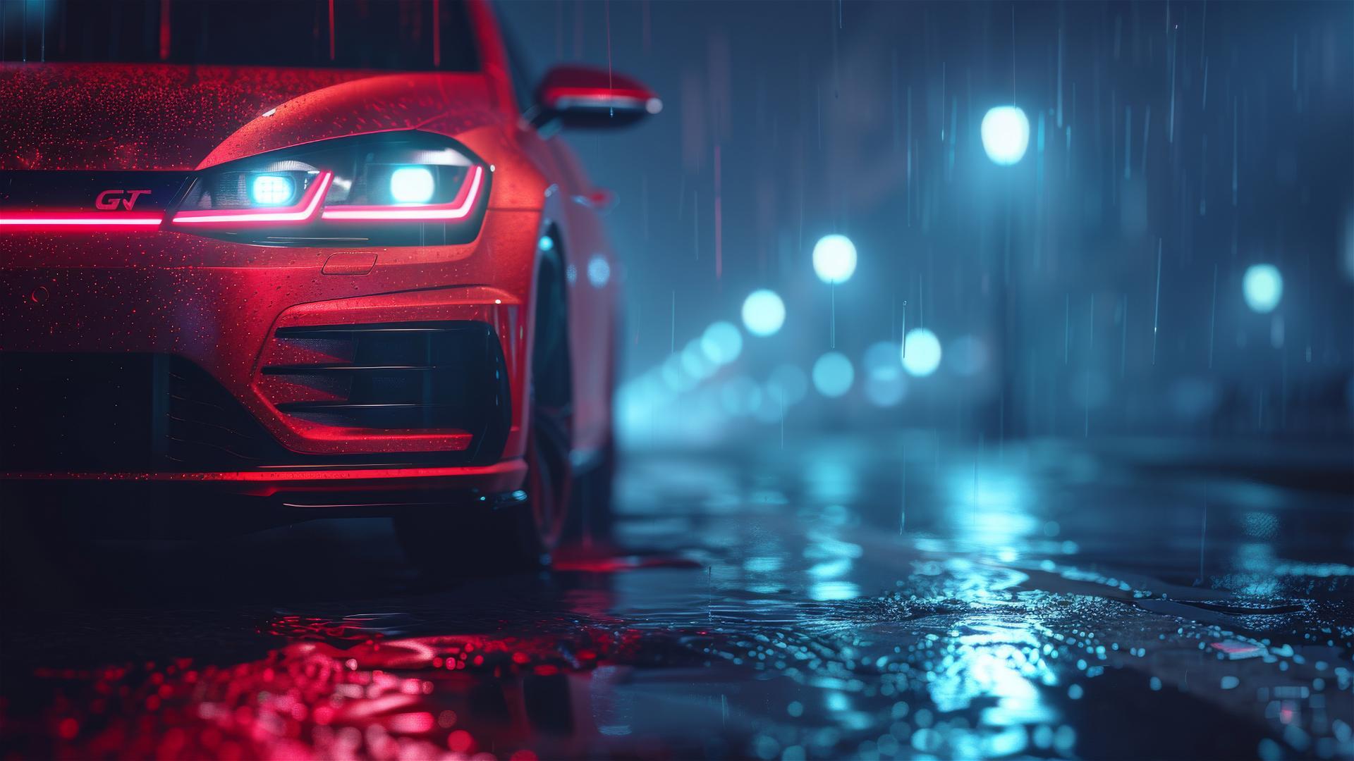 Photorealistic closeup of a Volkswagen Golf GTI in dim, foggy lighting