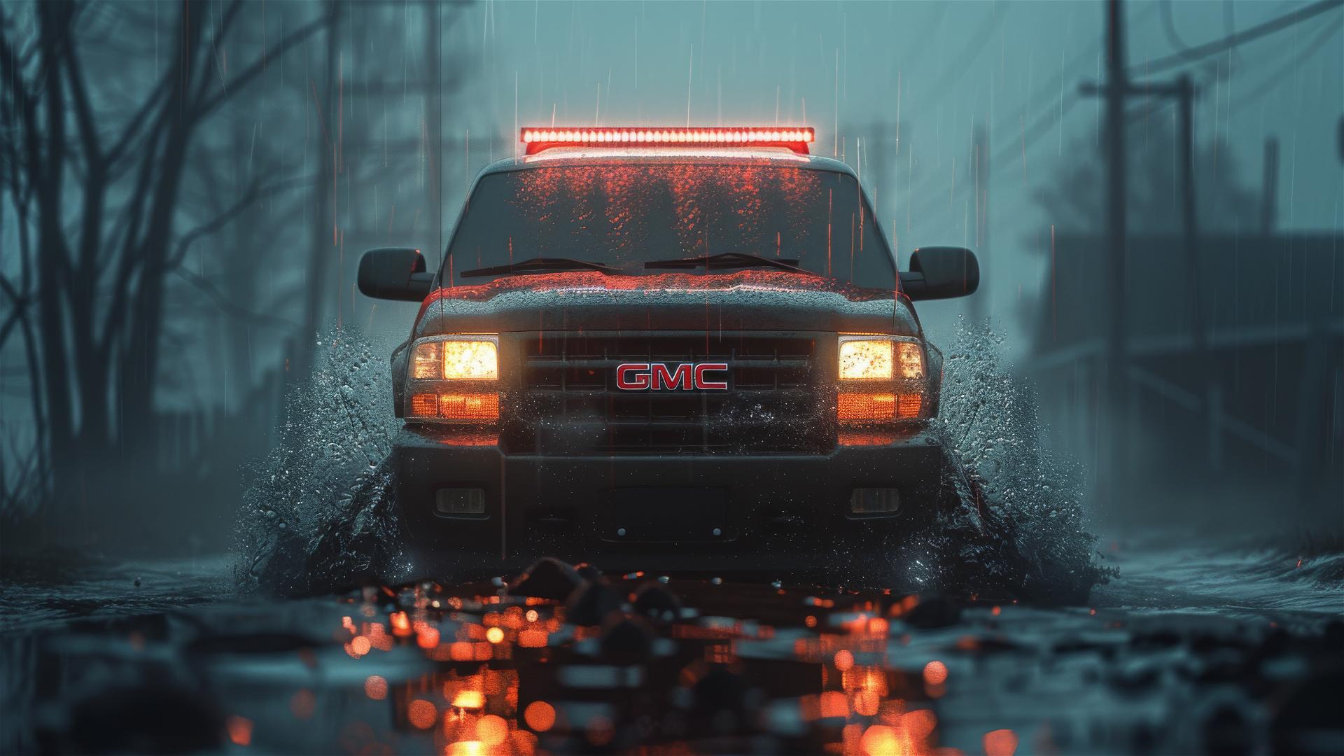 Closeup view of a foggy, dimly lit GMC Envoy in a gothic gloomy setting in photorealistic 8K resolution