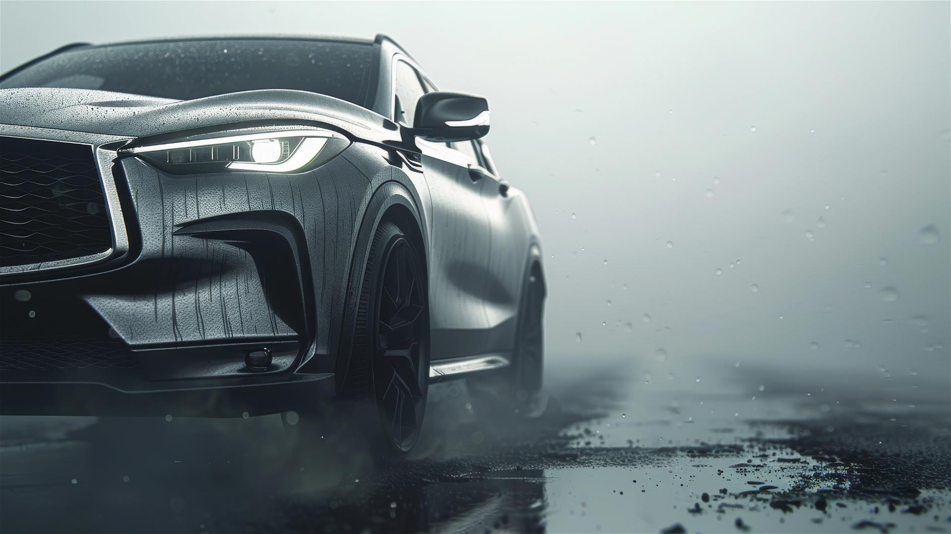 Infiniti QX50 in dim lighting with a gothic gloomy mood and fog 8K smooth photorealistic closeup
