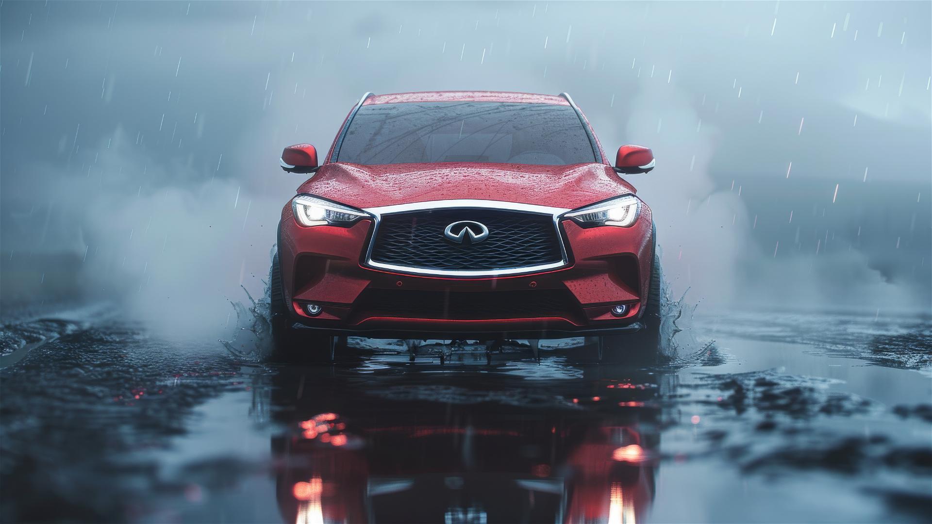 Infiniti QX50 in dim lighting, with a gothic gloomy mood and a photorealistic closeup view in foggy environment
