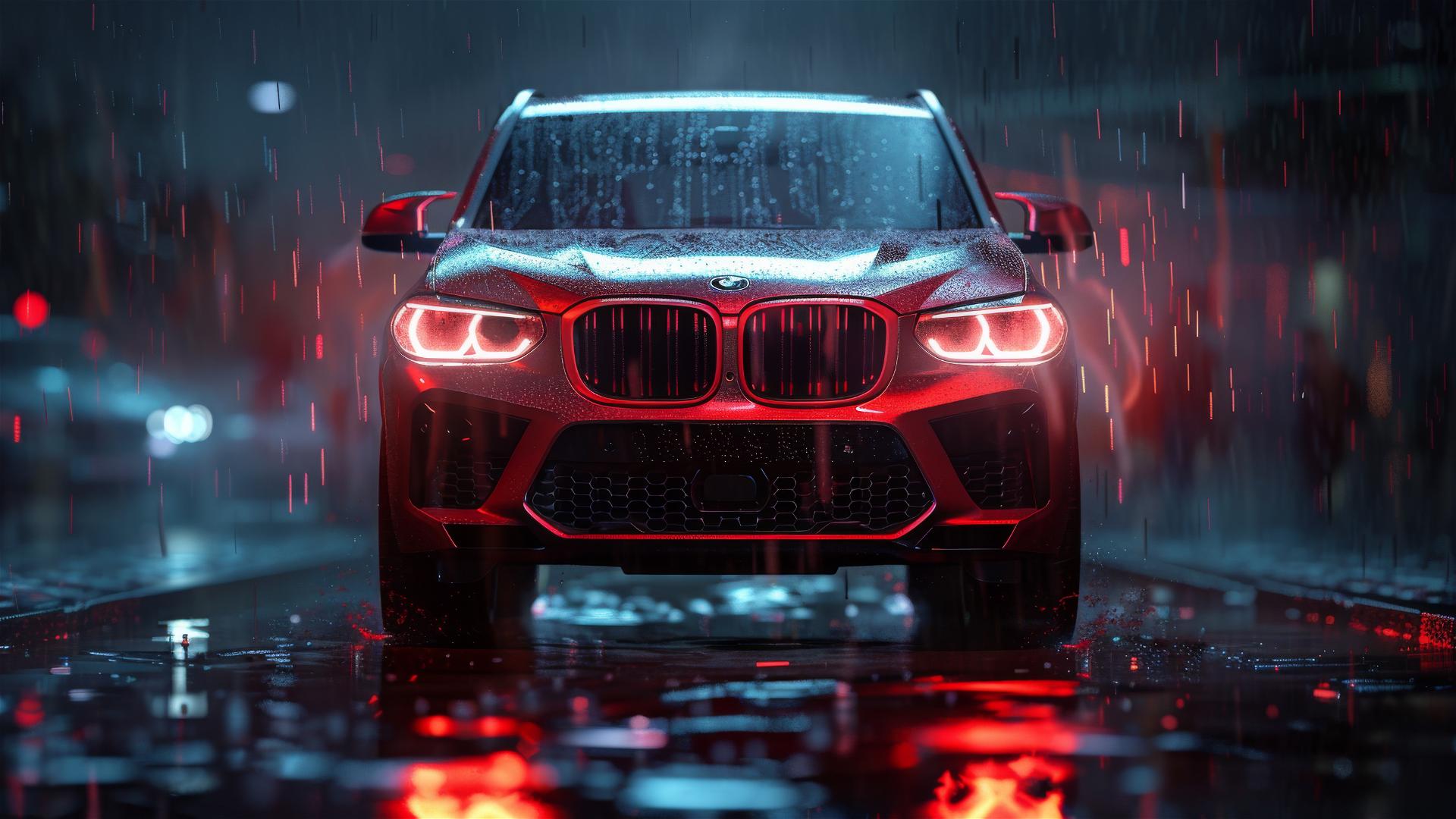 BMW X3 in dim Gothic lighting, closeup in fog