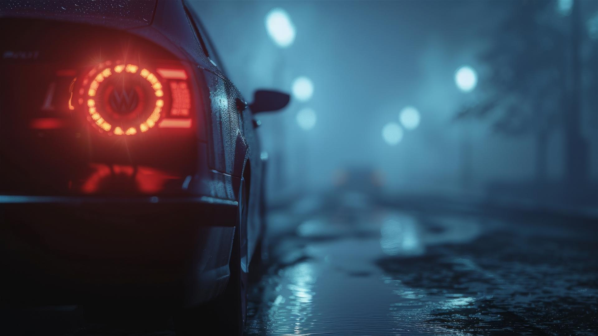 Photorealistic closeup of a Volkswagen Passat in dim, foggy, and gothic setting