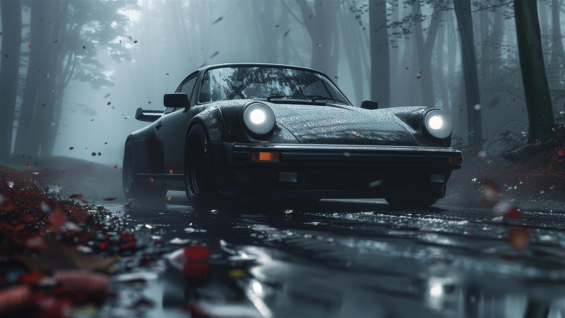 Photorealistic closeup of Porsche 911 in dim, foggy, Gothic setting