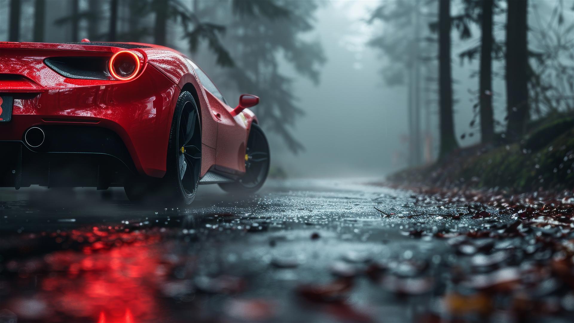 Closeup view of Ferrari 488 in dim, gothic gloom and fog