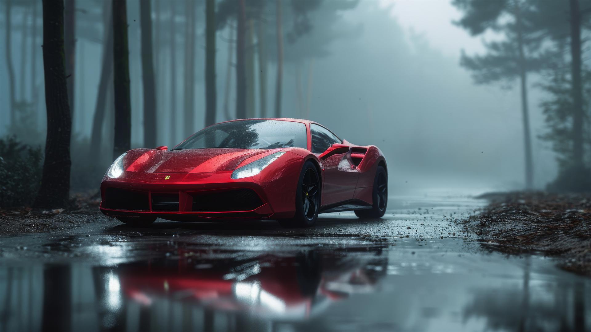 Ferrari 488 in dim gothic lighting, foggy ambiance photorealistic image