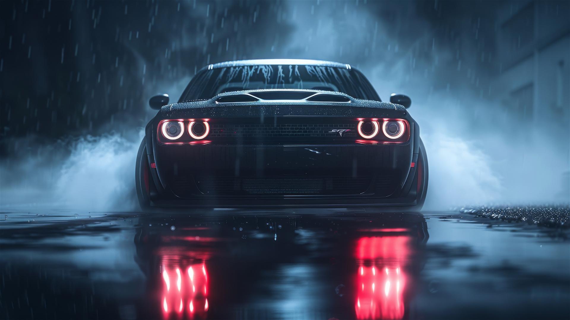 Dimly lit, gothic gloomy, photorealistic image of a dodge challenger in foggy environment with a closeup view