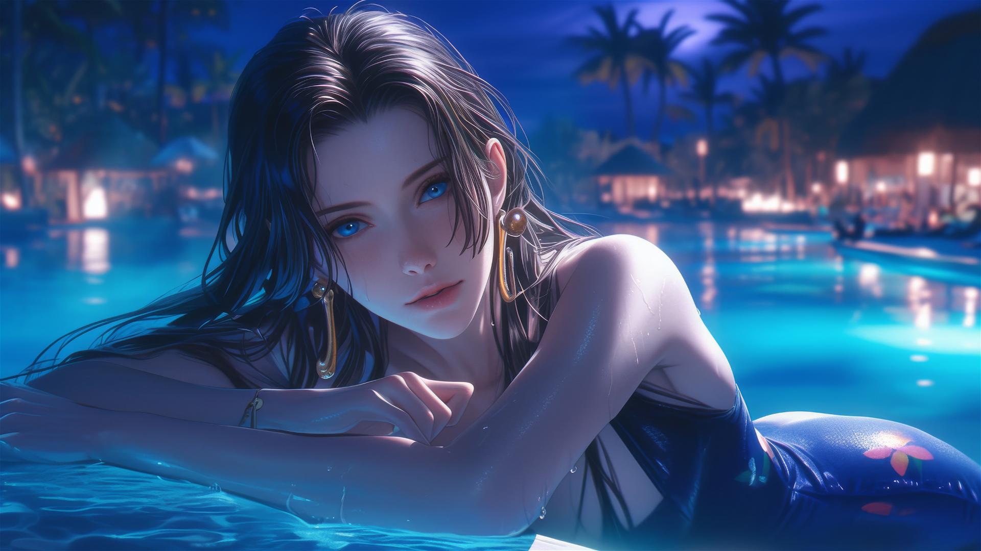 Boa Hancock from One Piece resting by the pool under moonlight