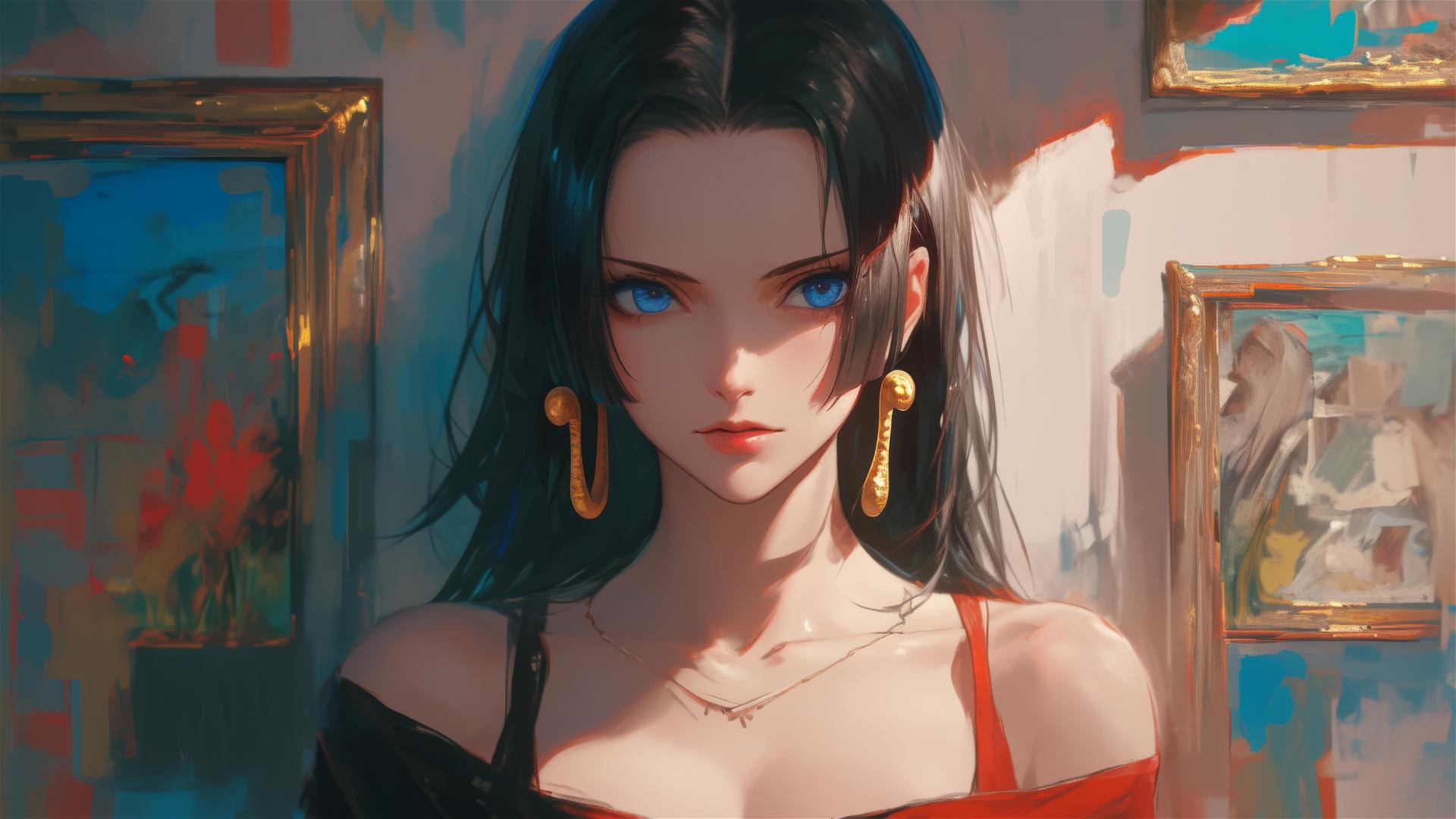 Boa Hancock from One Piece walking through an art gallery with soft lighting