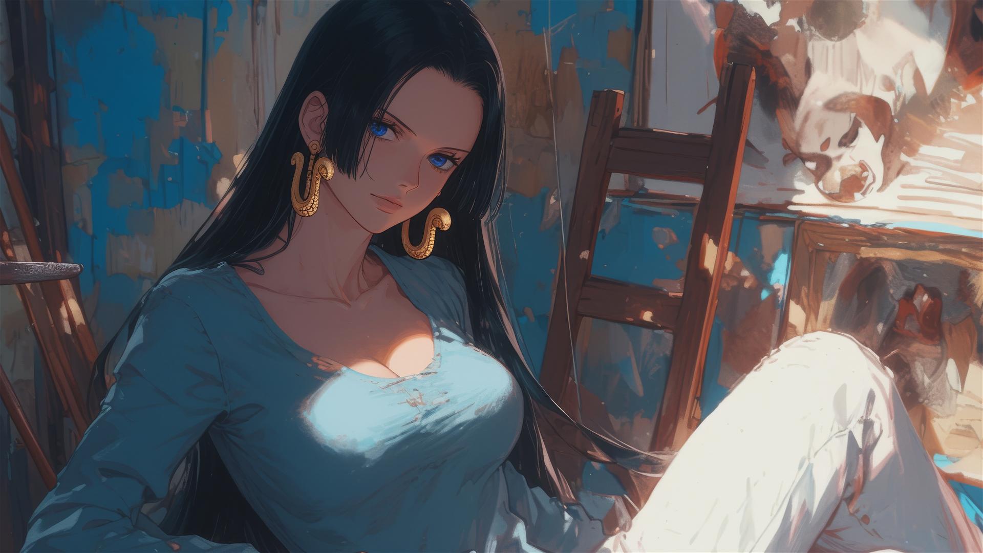 Boa Hancock from One Piece wandering through an art gallery