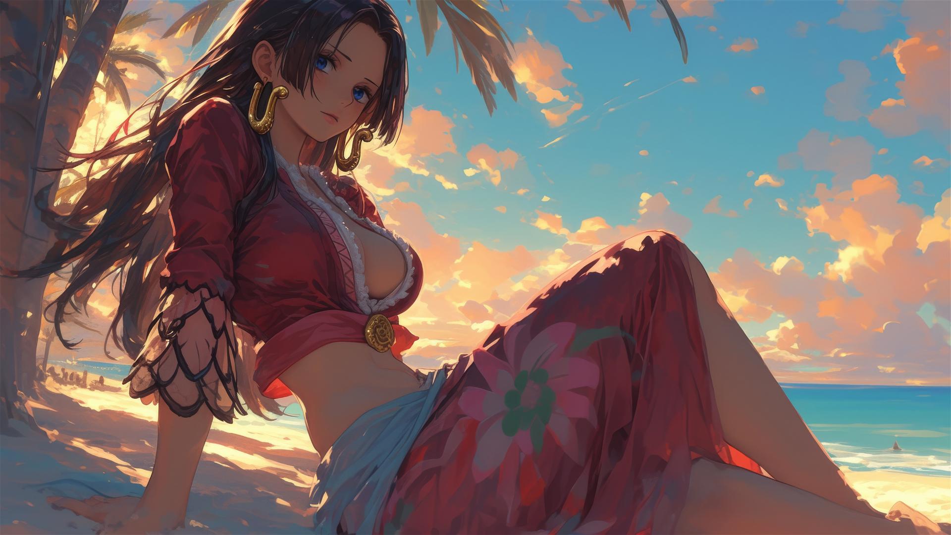Boa Hancock from One Piece relaxing on a beach at sunset