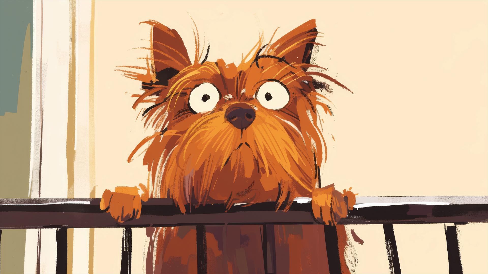 Quentin Blake style doodle of a Yorkshire Terrier on a balcony