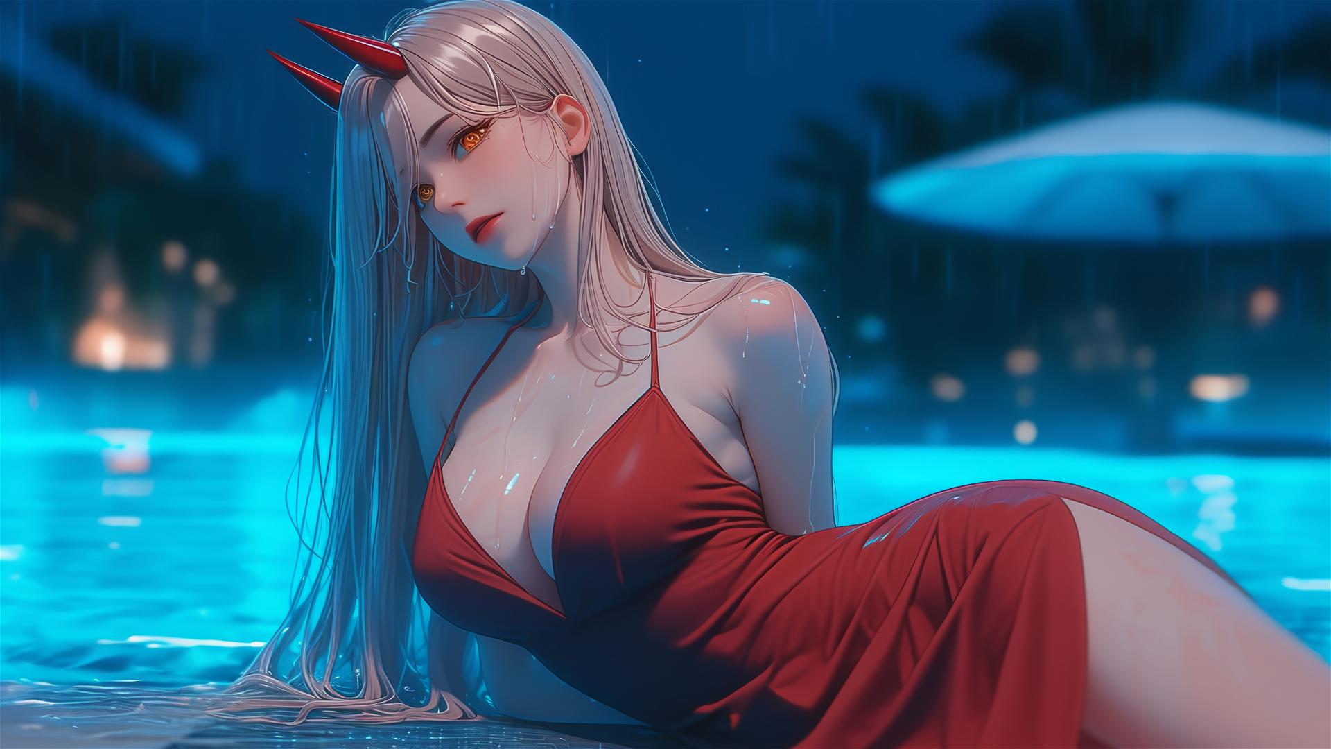 Power from Chainsaw Man resting at rainy pool, thigh focus, blond hair, light red horns, yellow eyes, red dress