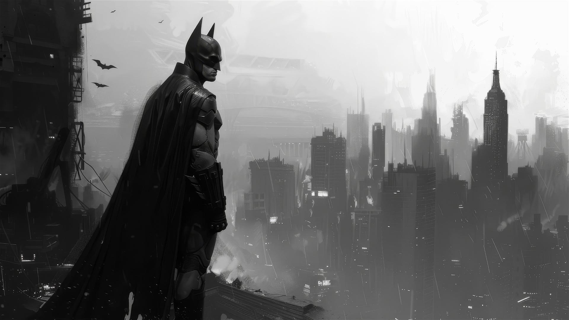 Batman in Arkham City, grayscale illustration with white background