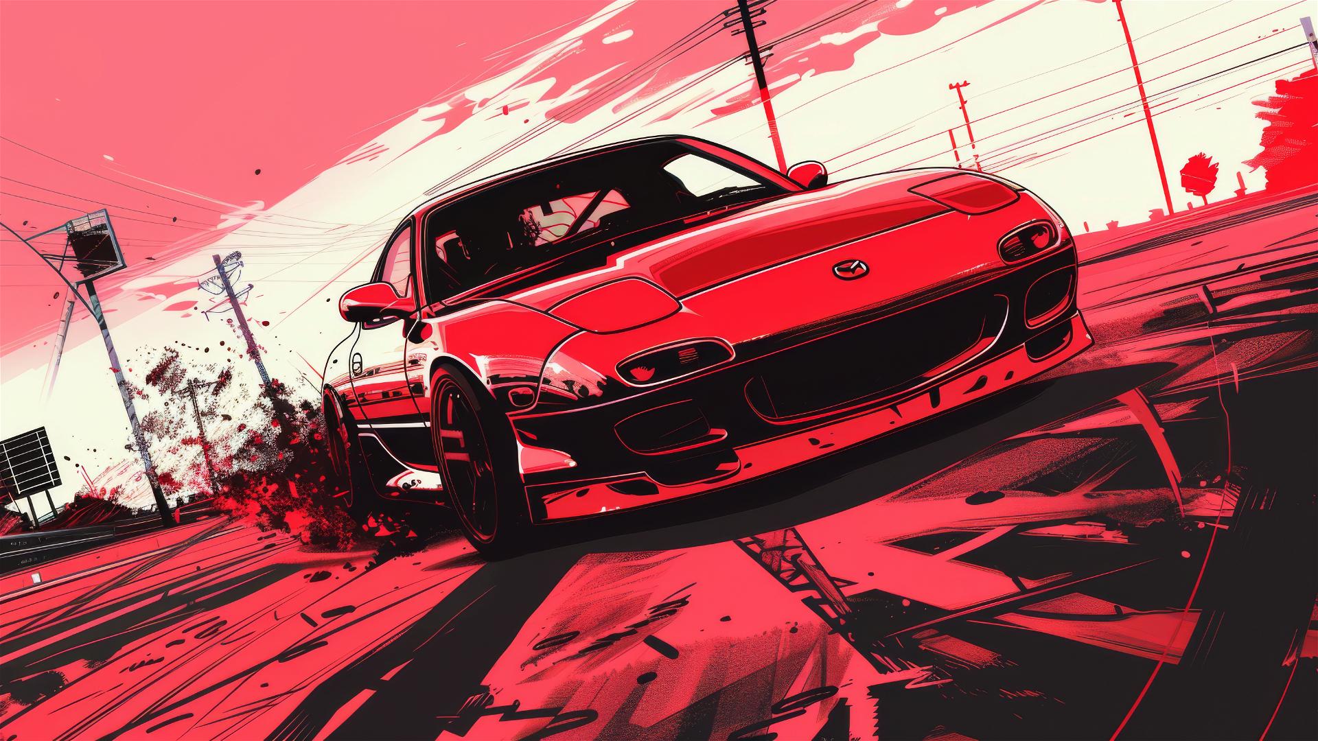 Mazda FD in a manga-style drift scene with a red color palette and crisp lines