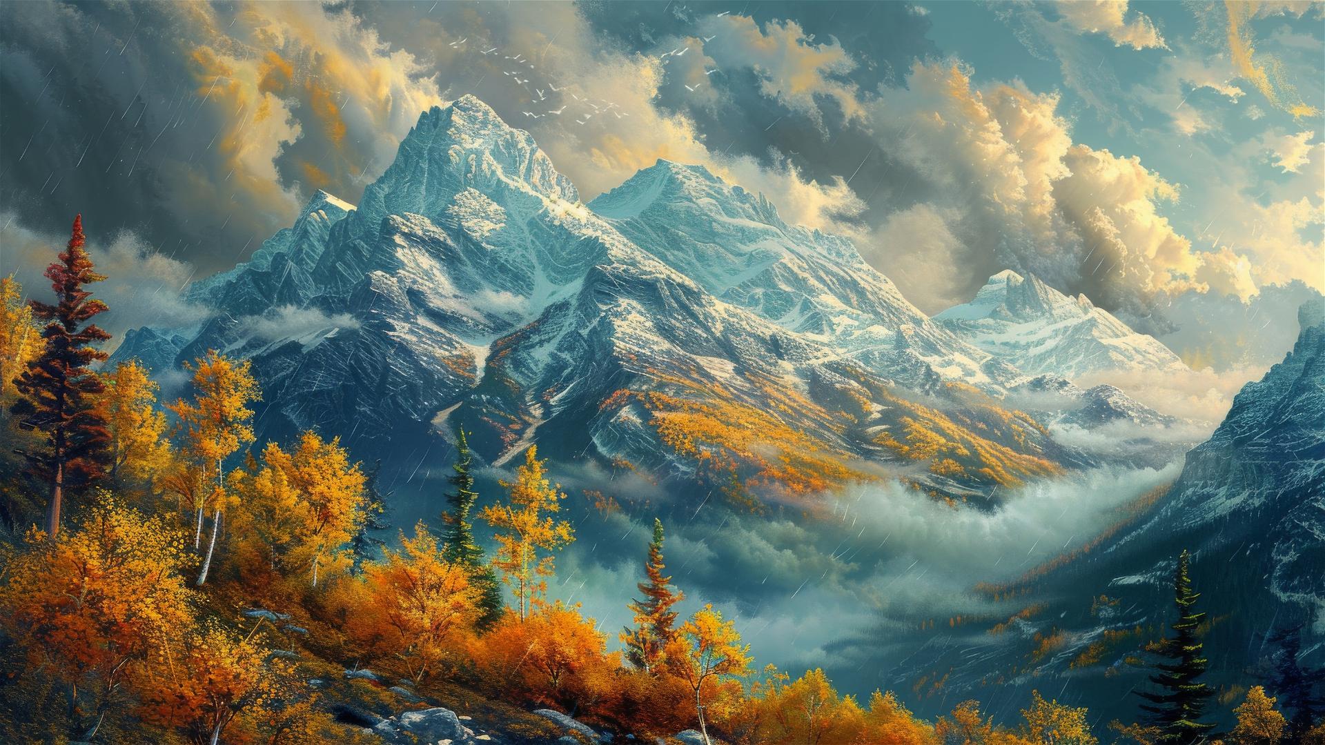 High-detail mountains and clouds in amber, teal by Nordahl and Koch