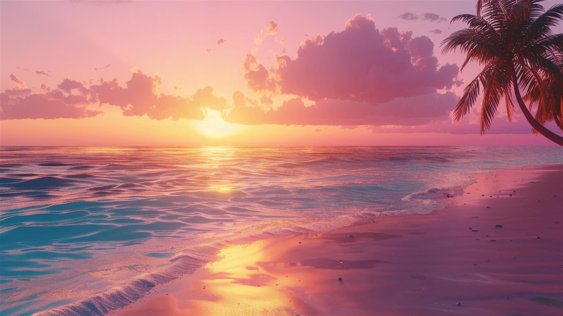 Colorful sunset on a tranquil beach with palm trees and clear turquoise water