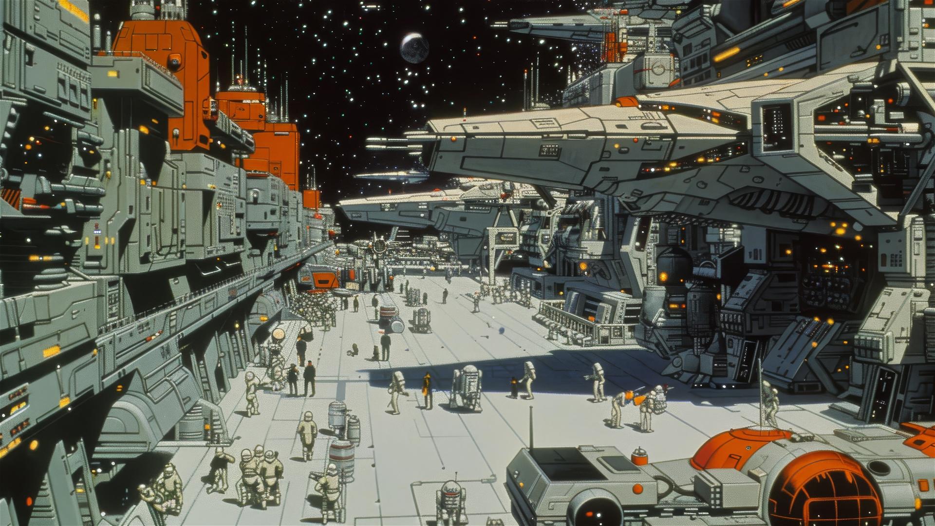 1980s animation style hangar bay with starships, droids, and pilots