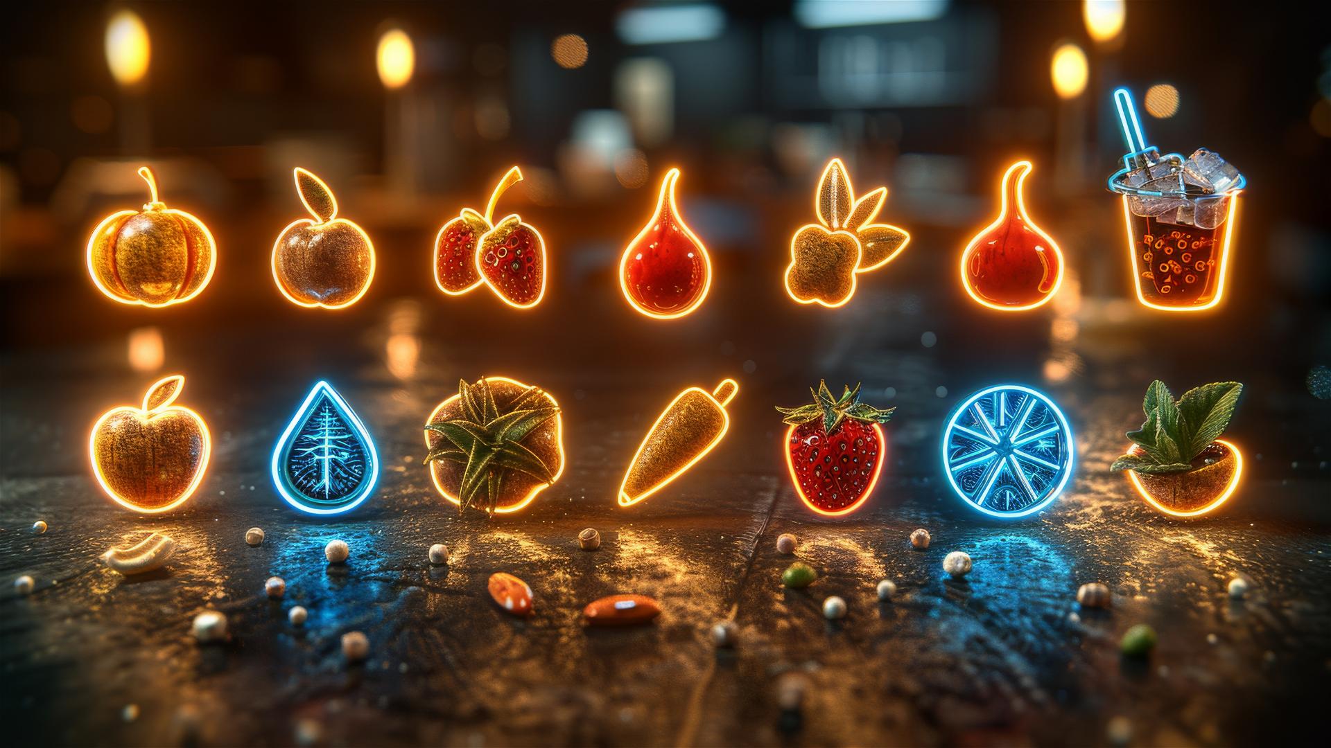 Colorful frosted glass food icons with neon light and dark background