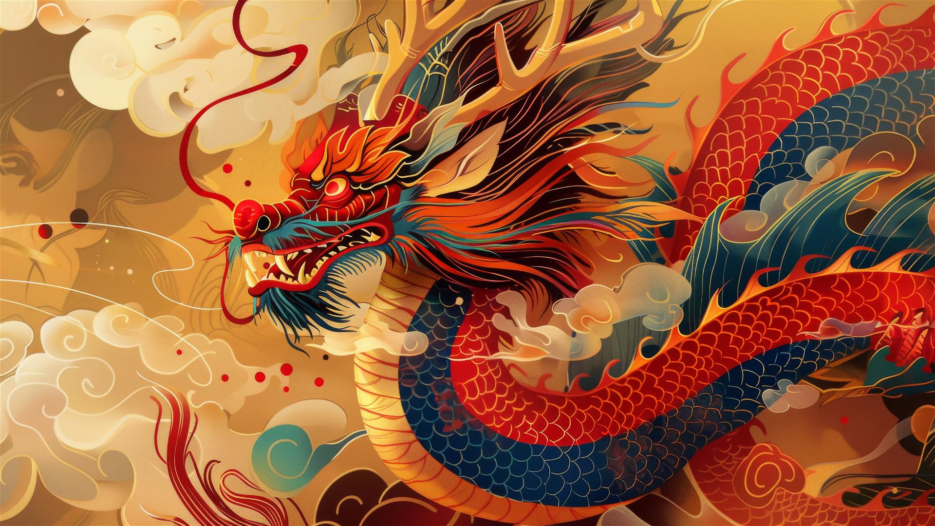 Chinese dragon on a gorgeous background, flat design, 8k enhanced.