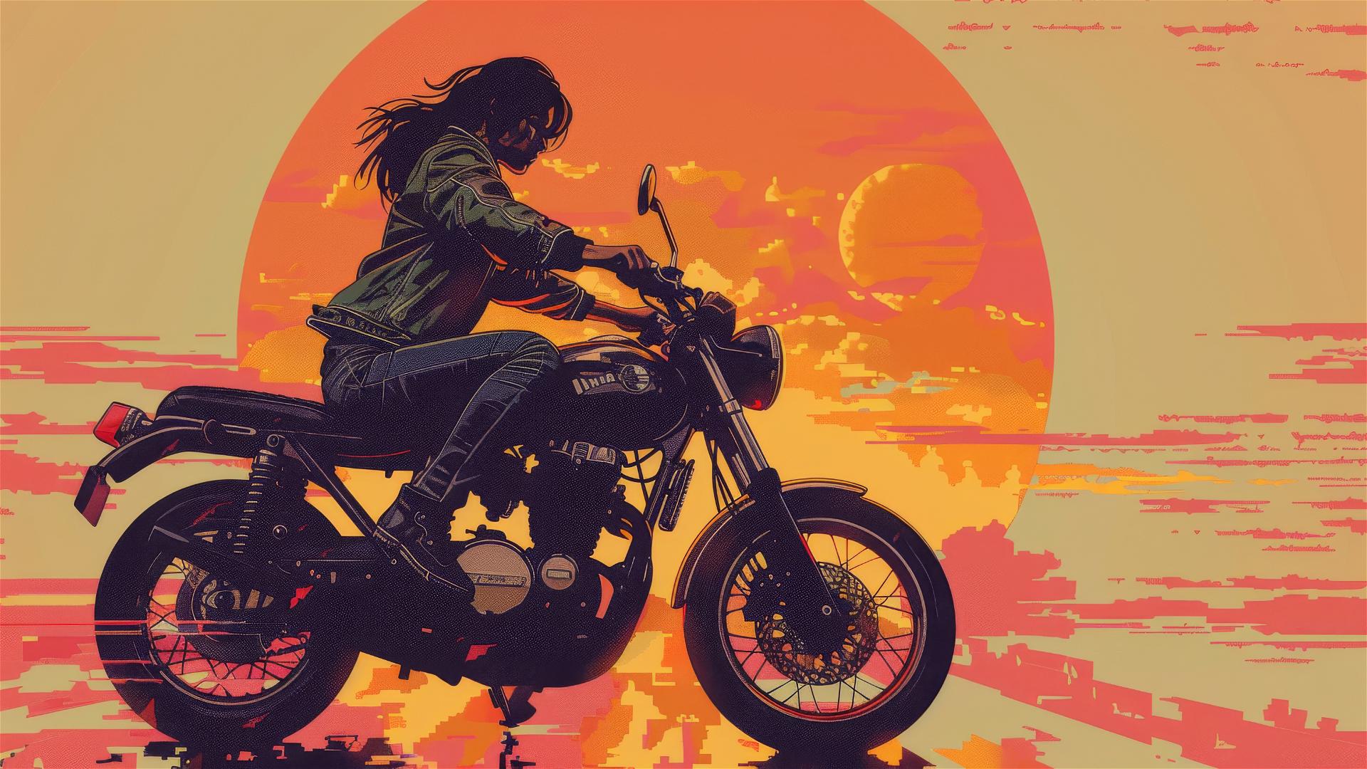 Girl riding motorcycle with minimalist pixel and dot design