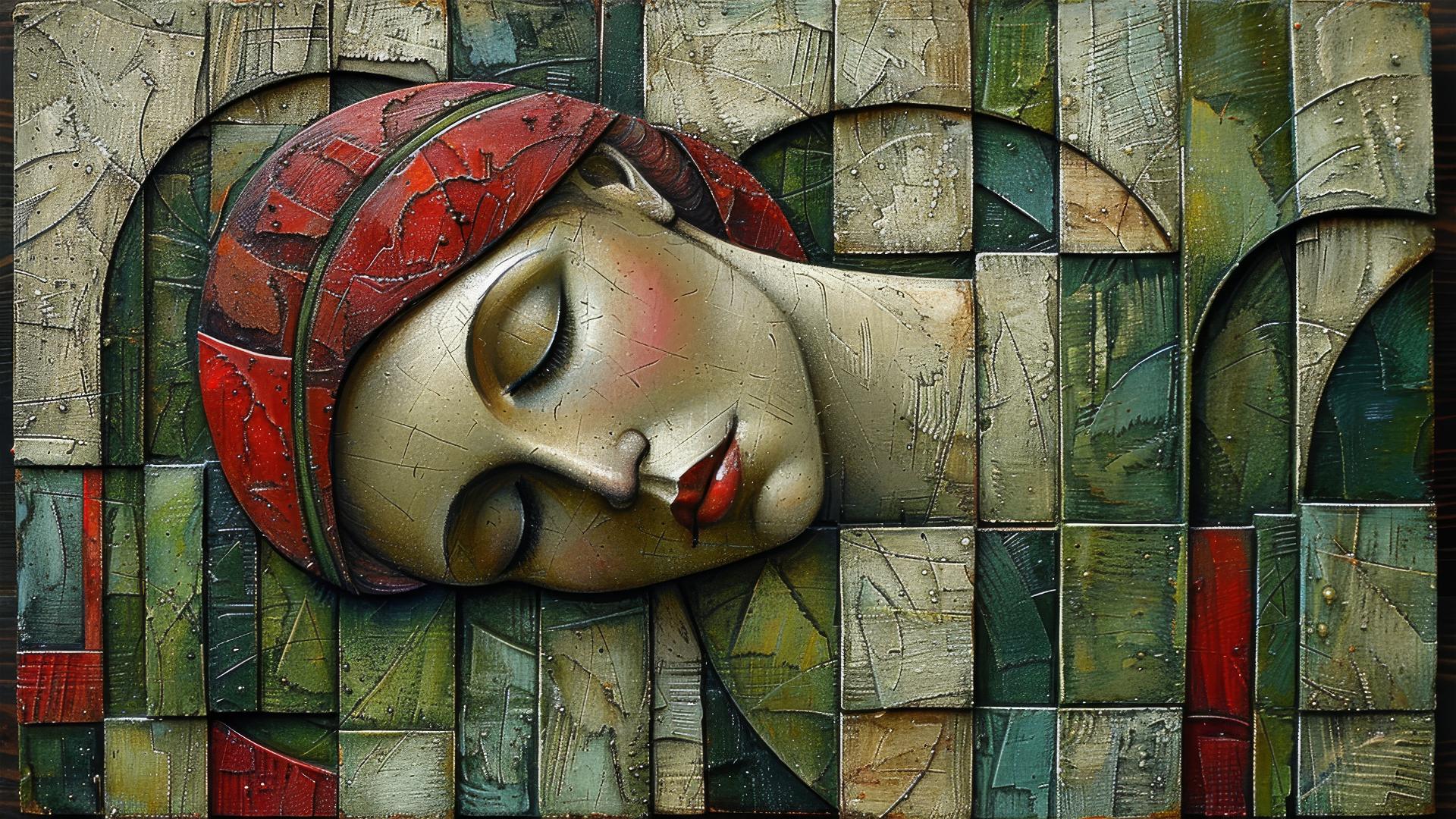 Cubist style woman with flowing red hair, looking over her shoulder