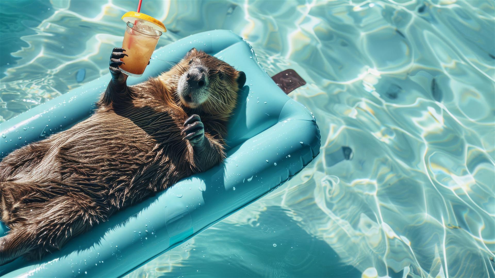Beaver on an inflatable mattress in turquoise water holding a cocktail