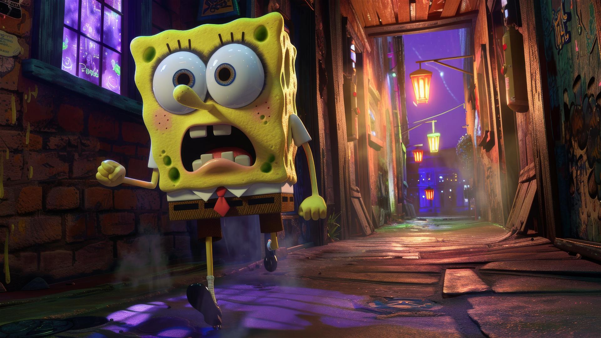 SpongeBob running out of a night club looking terrified