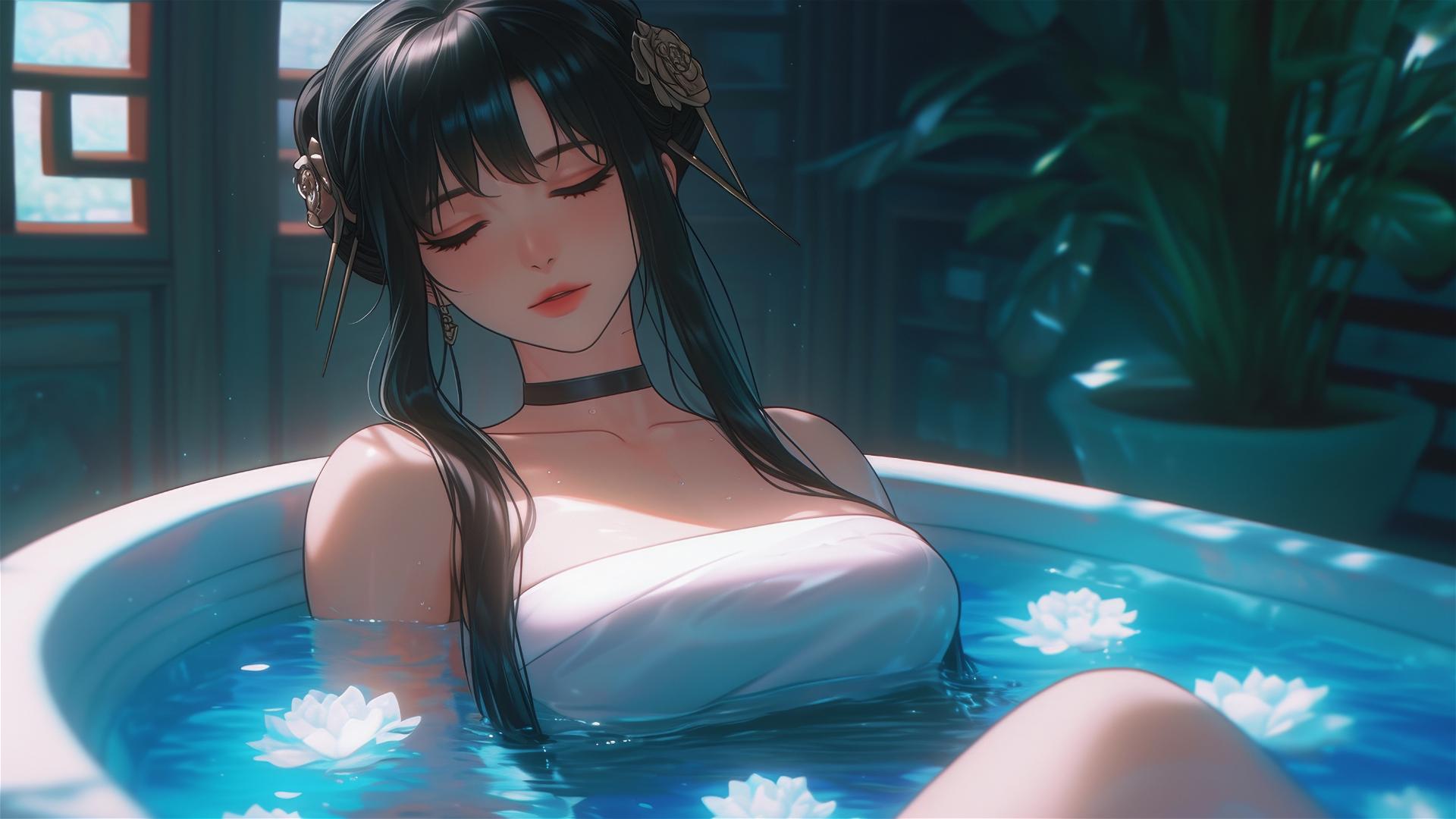 Yor Forger from Spy x Family in a tub full of flowers at a Chinese spa