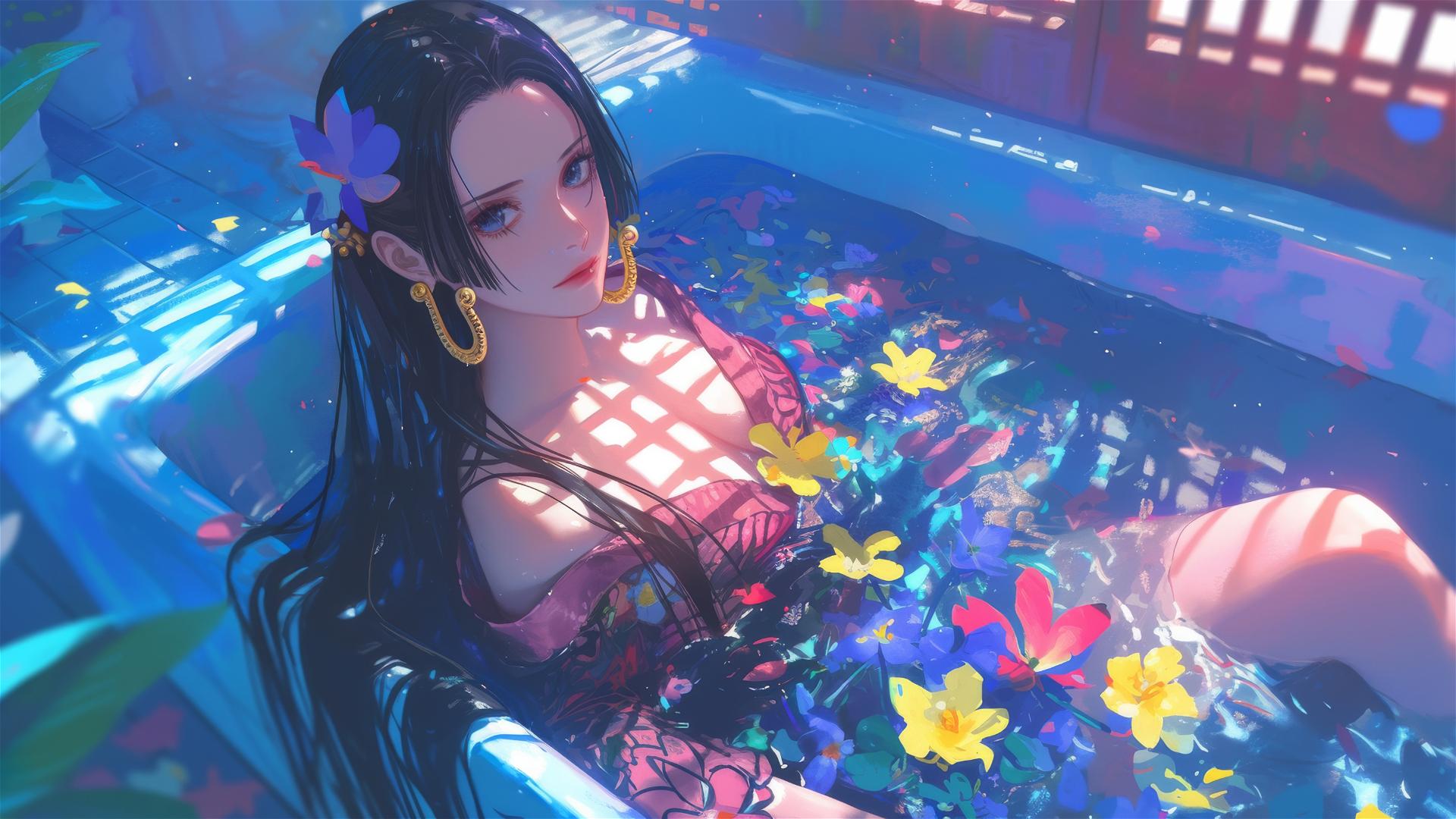 Boa Hancock in a tub full of flowers in a Chinese spa