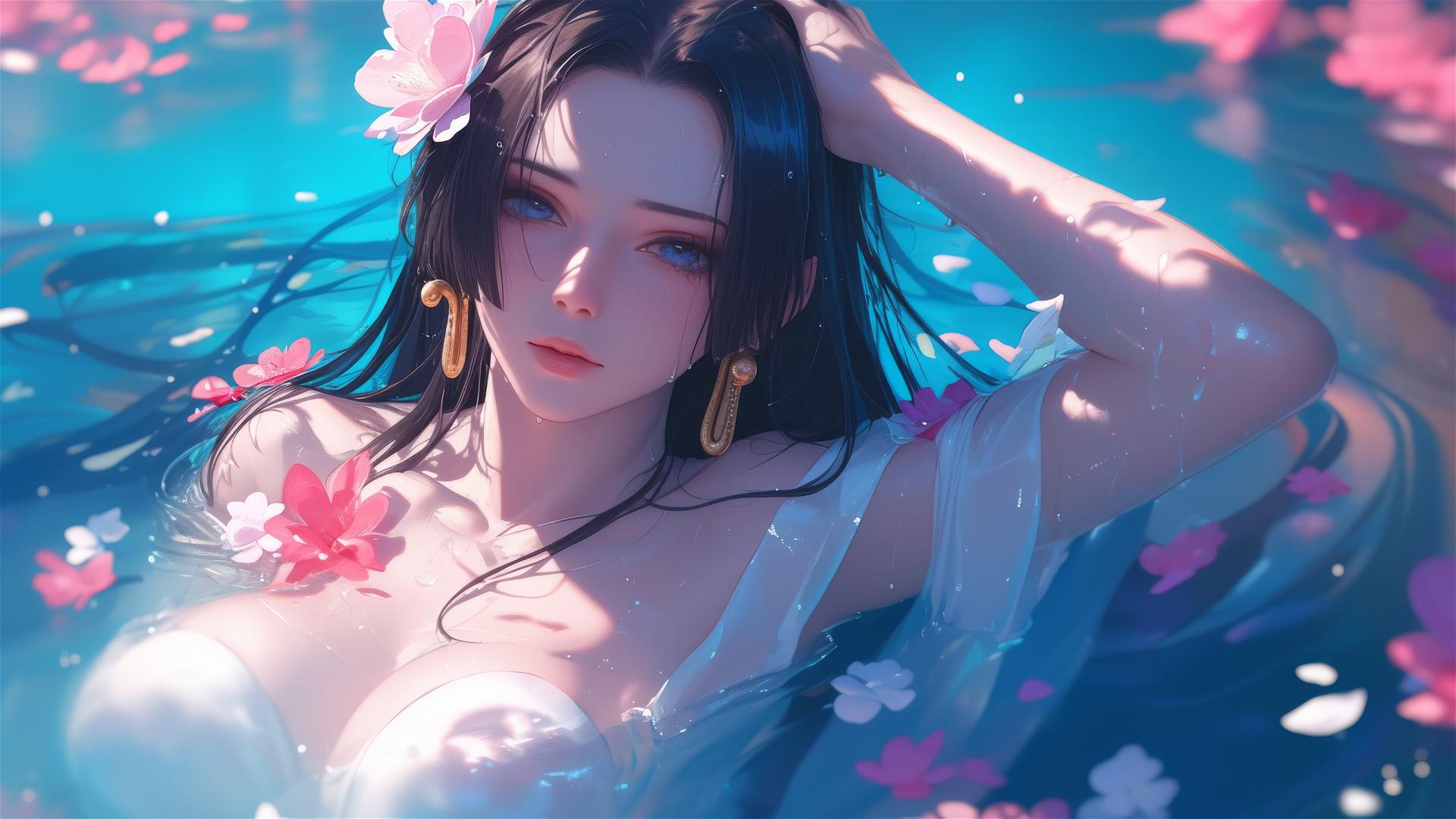 Boa Hancock from One Piece in a flower-filled tub in a Chinese spa