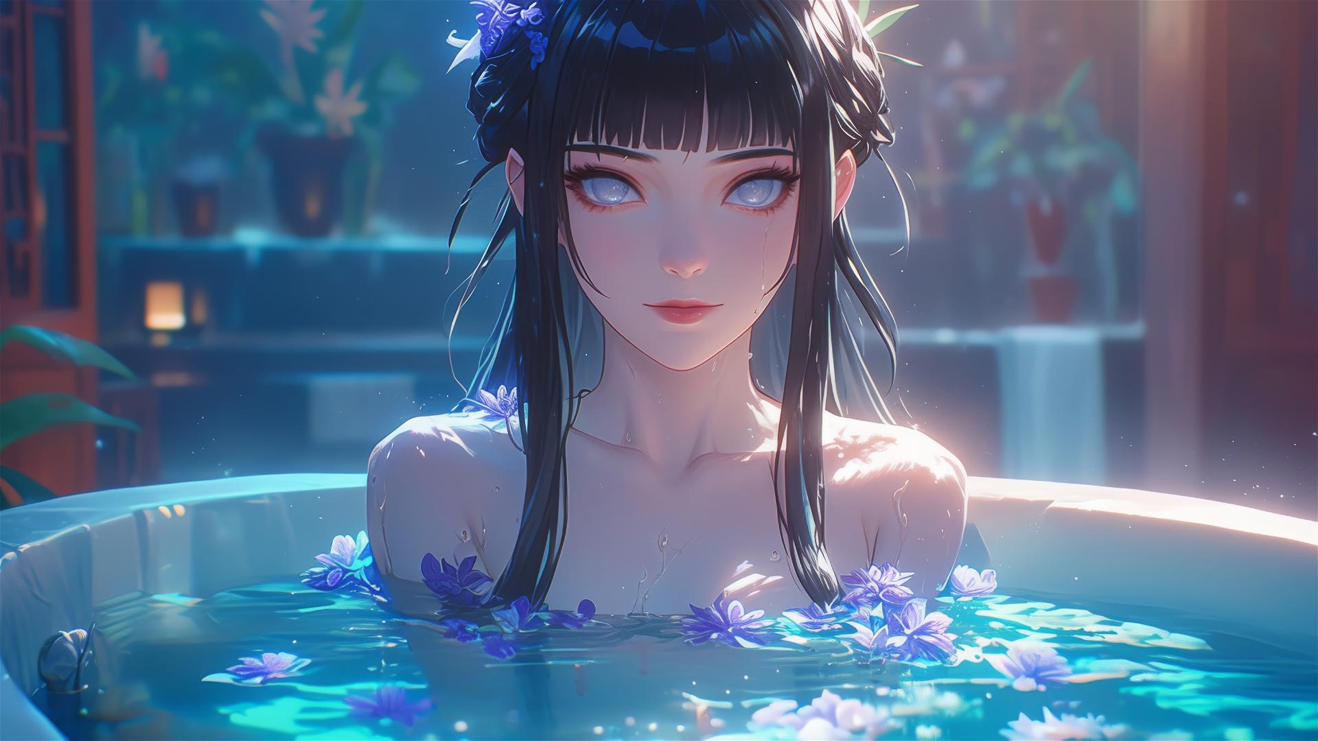 Hinata Hyuga in a tub full of flowers in a Chinese spa with white eyes