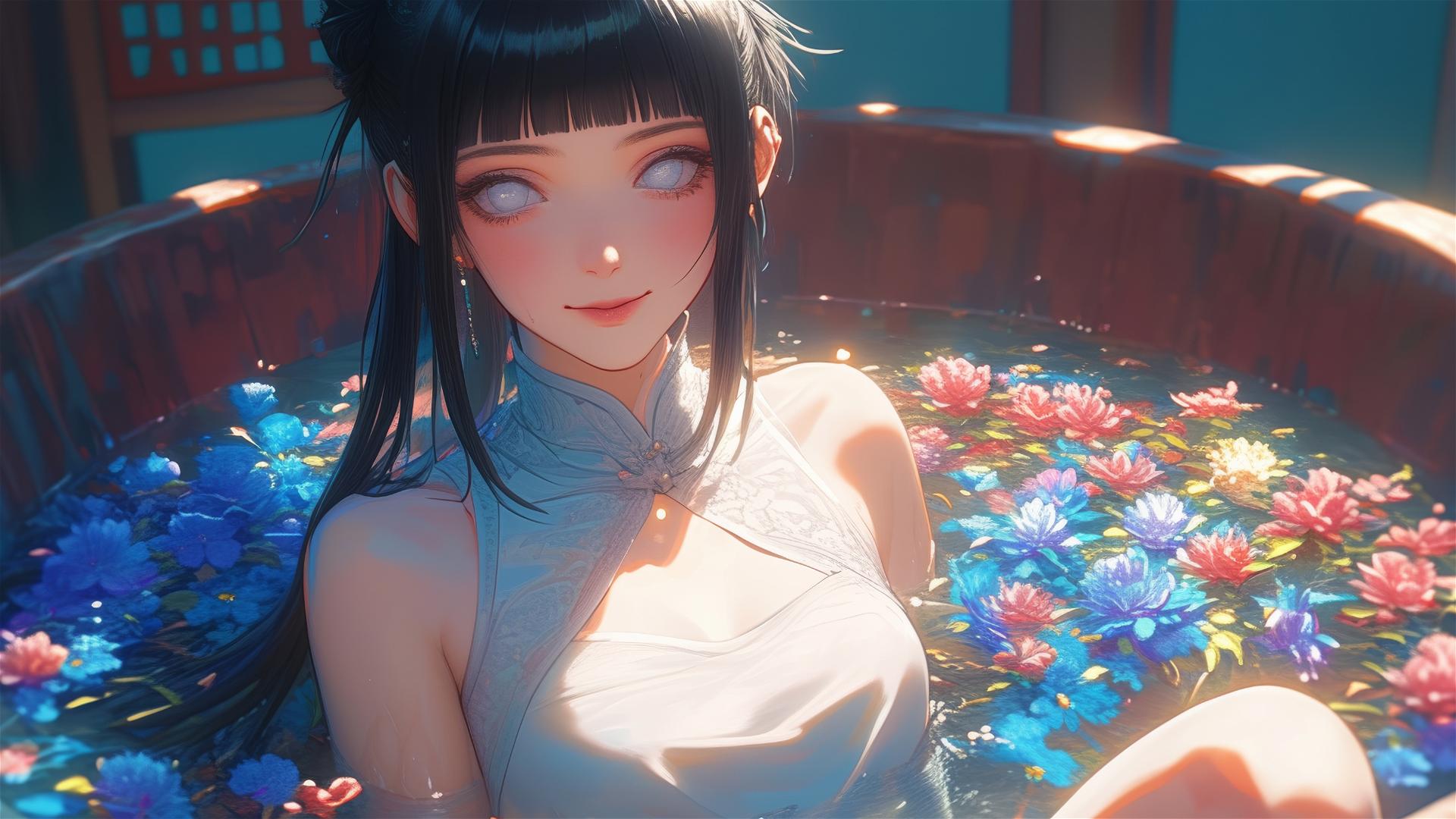 Hinata Hyuga in a flower-filled tub at a Chinese spa with white eyes