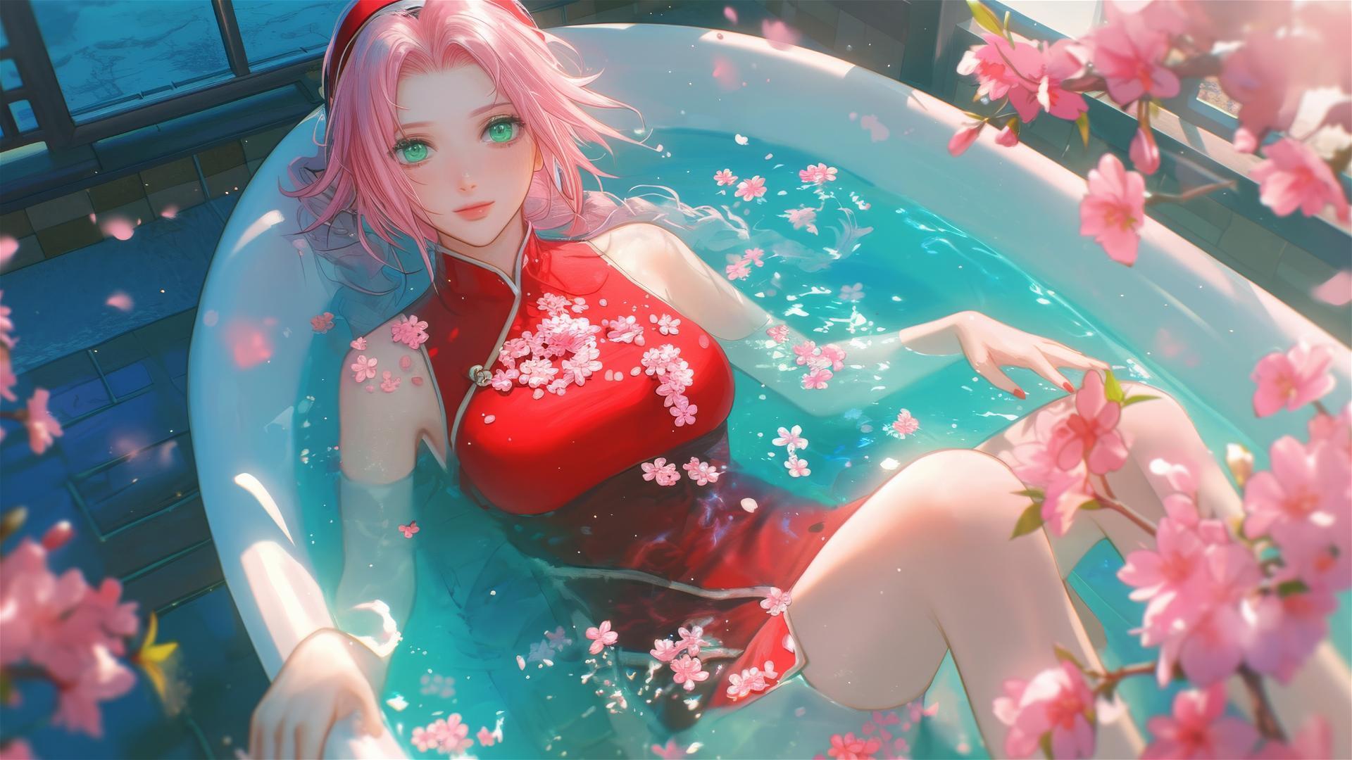Sakura Haruno in a flower-filled tub in a Chinese spa