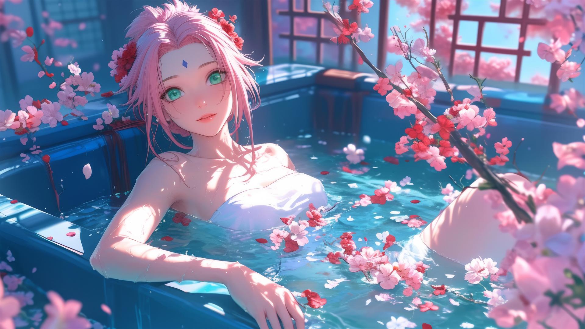 Sakura Haruno in a floral tub at a Chinese spa