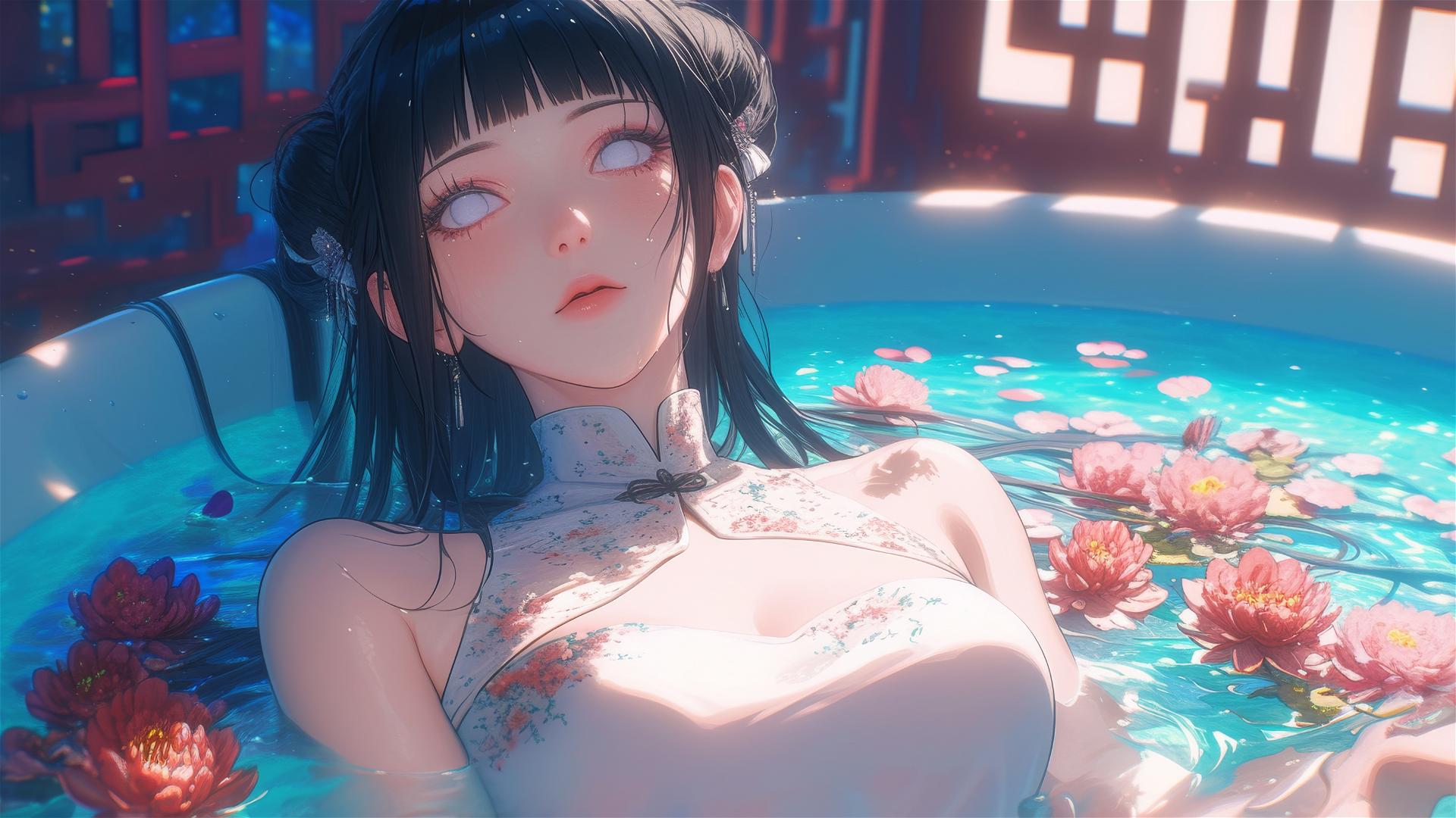 Hinata Hyuga from Naruto in a floral bathtub at a Chinese spa
