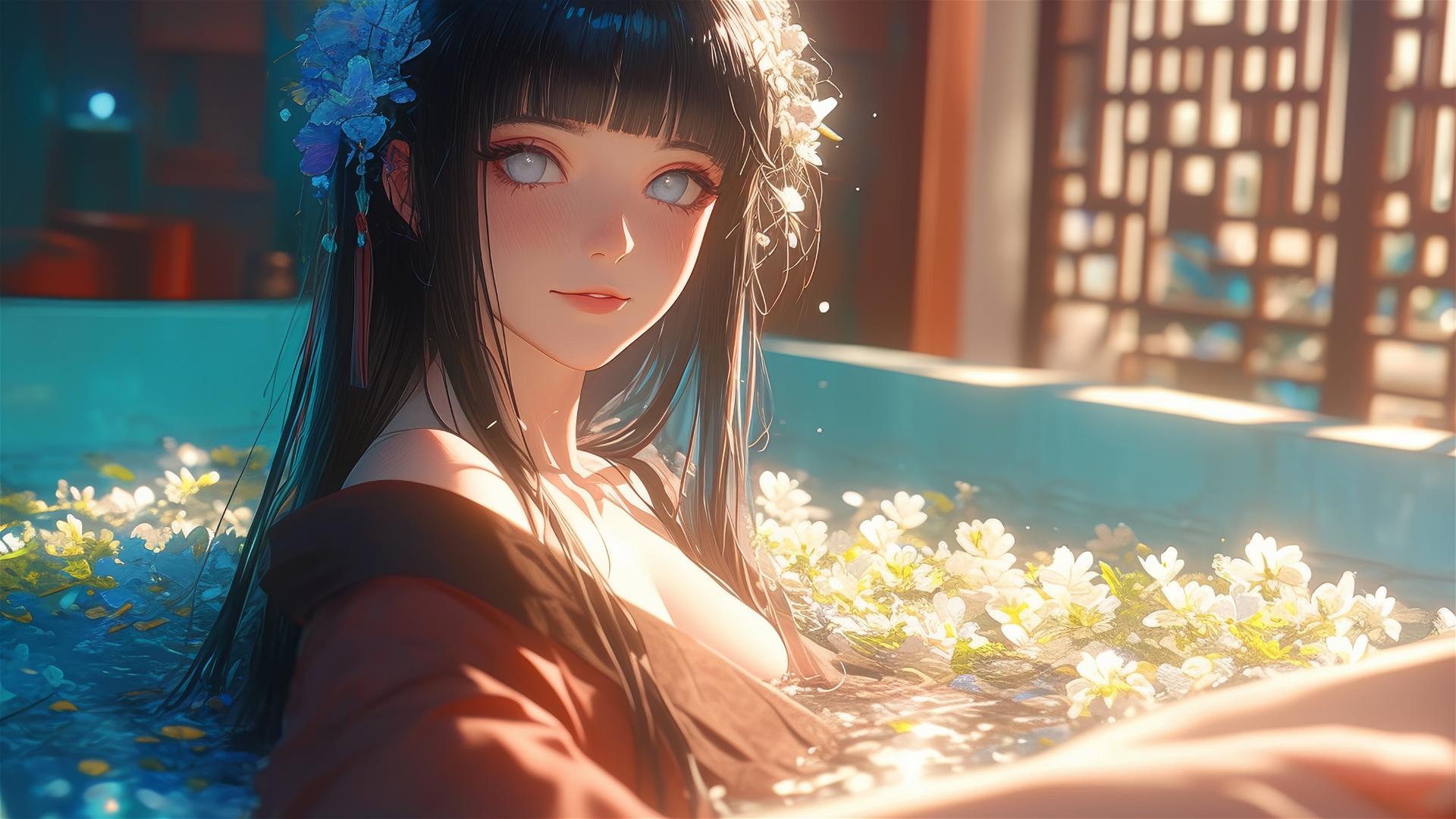Hinata Hyuga in a tub full of flowers in a Chinese spa with white eyes
