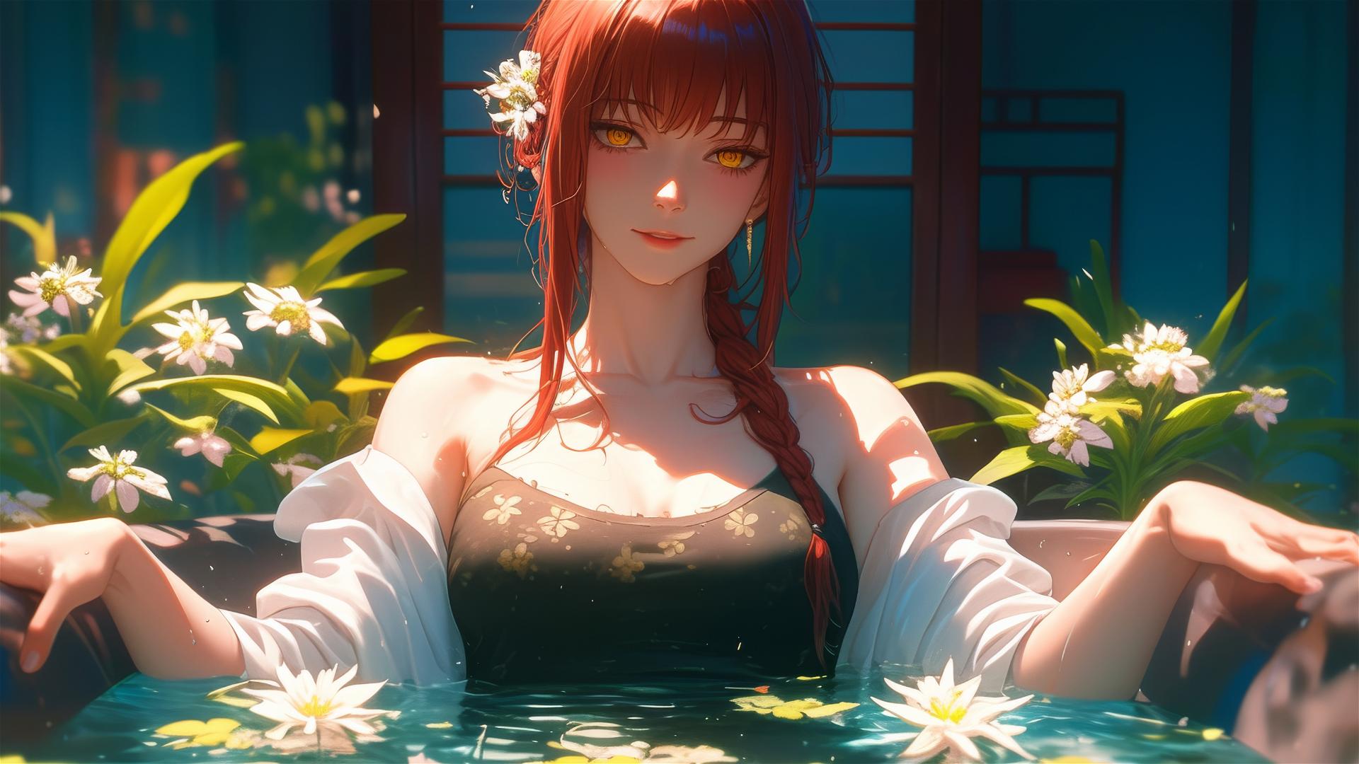 Makima from Chainsaw Man in a tub full of flowers at a Chinese spa