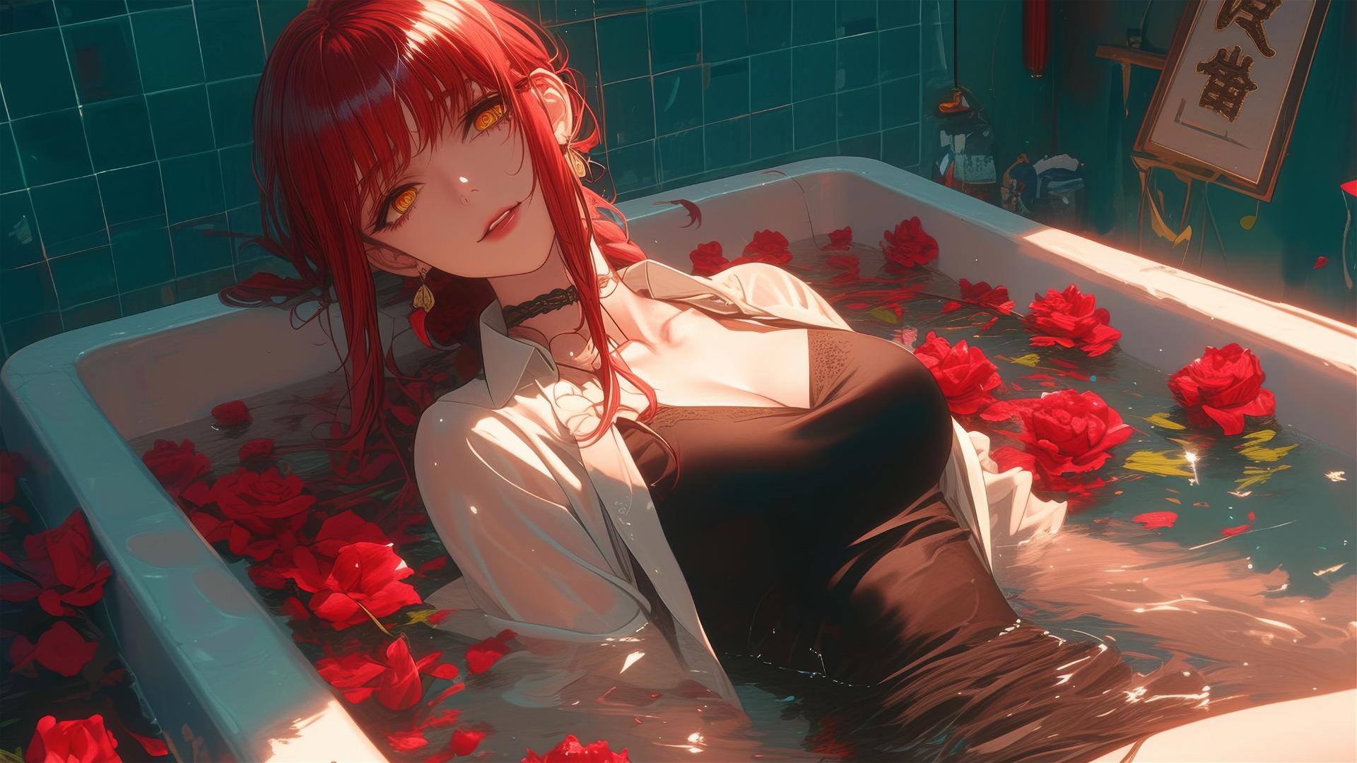 Makima from Chainsaw Man in a tub of flowers inside a Chinese spa