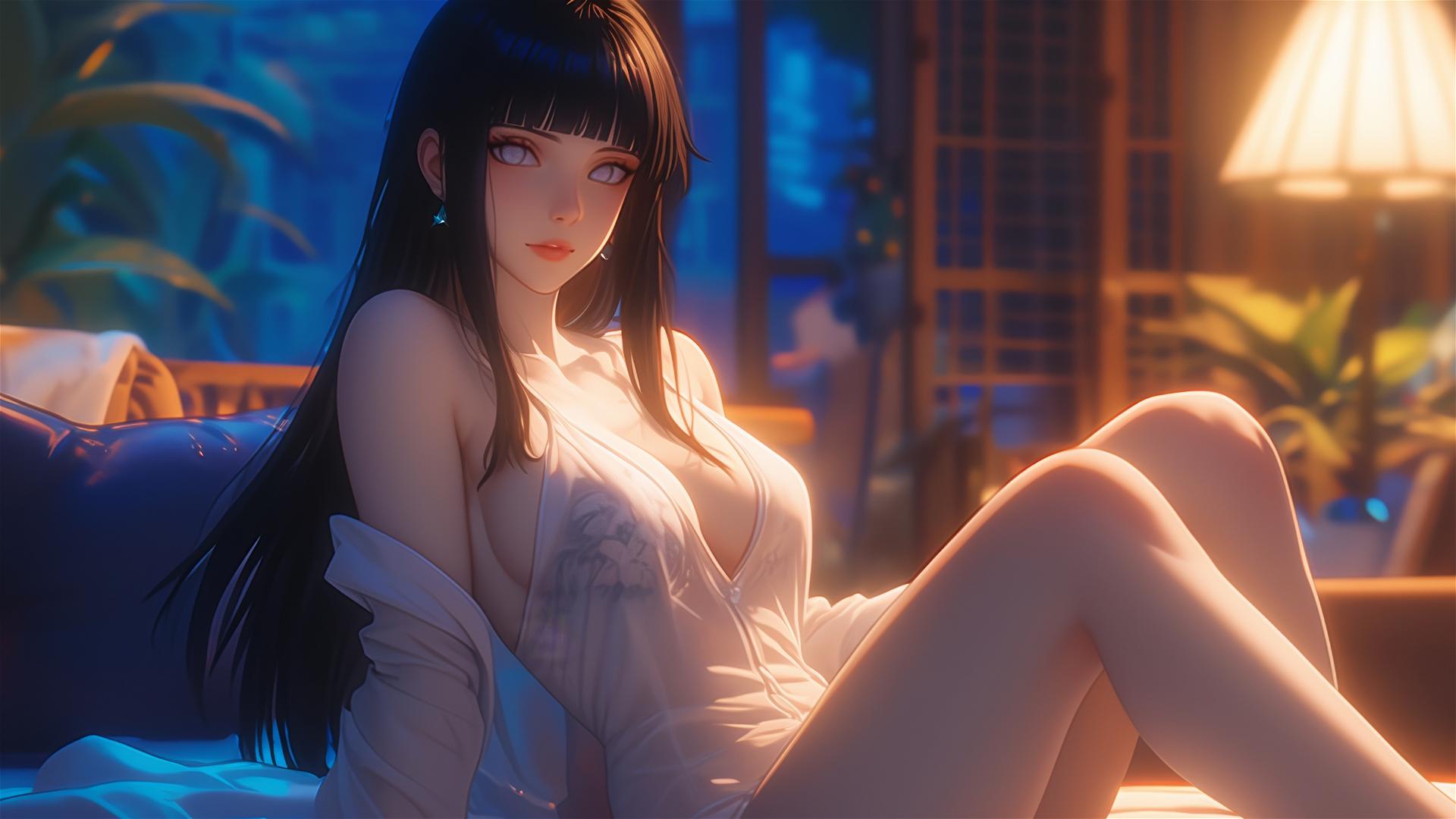 Hinata Hyuga sitting in modern hotel with warm light glowing