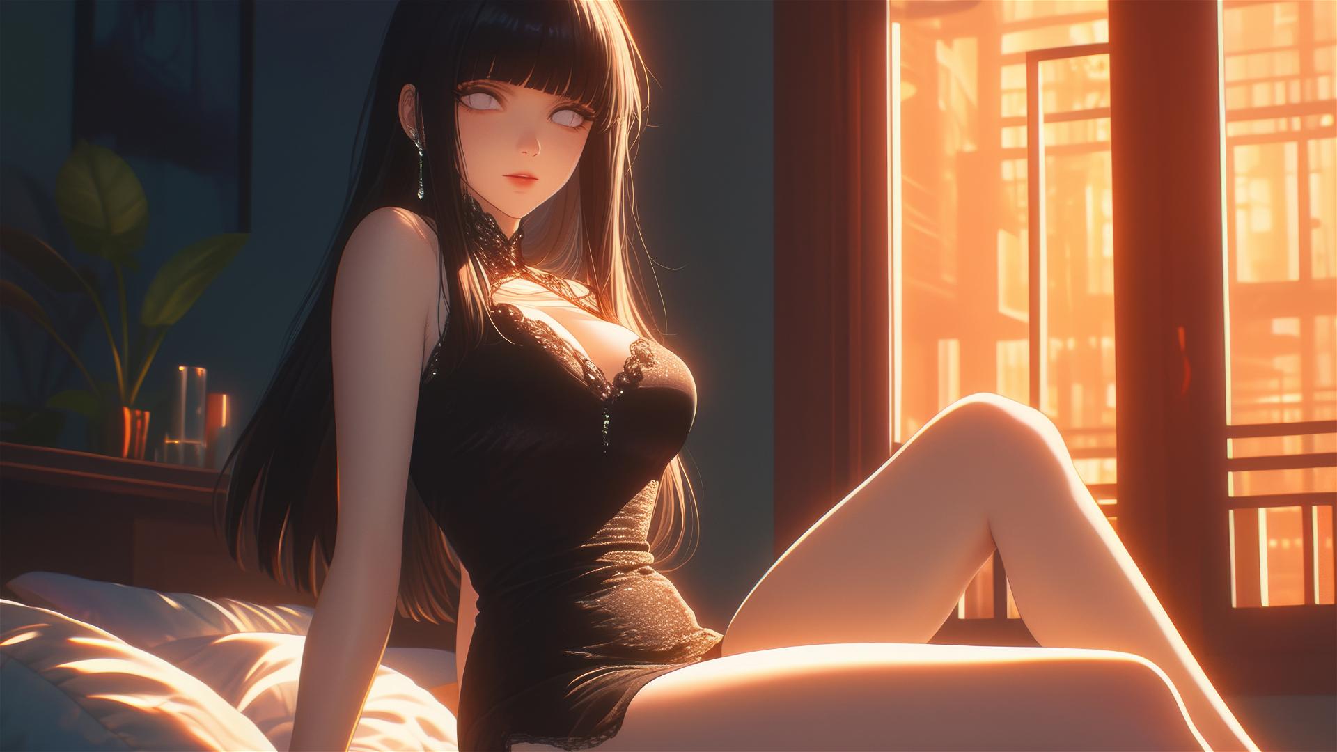 Hinata Hyuga sitting in a modern hotel with warm light